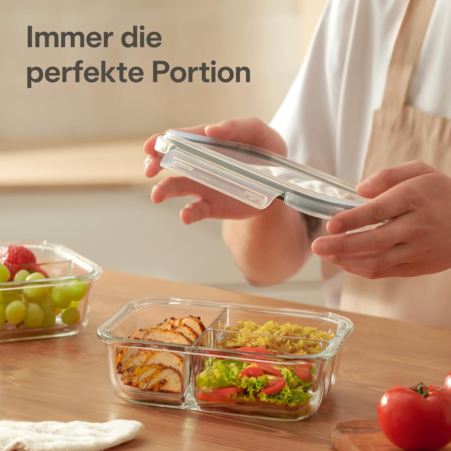 Praknu Meal-Prep-Boxen aus Glas mit 3 Fächern – Set mit 2 Meal-Prep-Behältern 1 l – luftdichter Glasbehälter mit Deckel – geeignet für Spülmaschine, Mikrowelle und Backofen – Meal-Prep-Boxen – Frischhaltedosen aus Glas – Bild 2