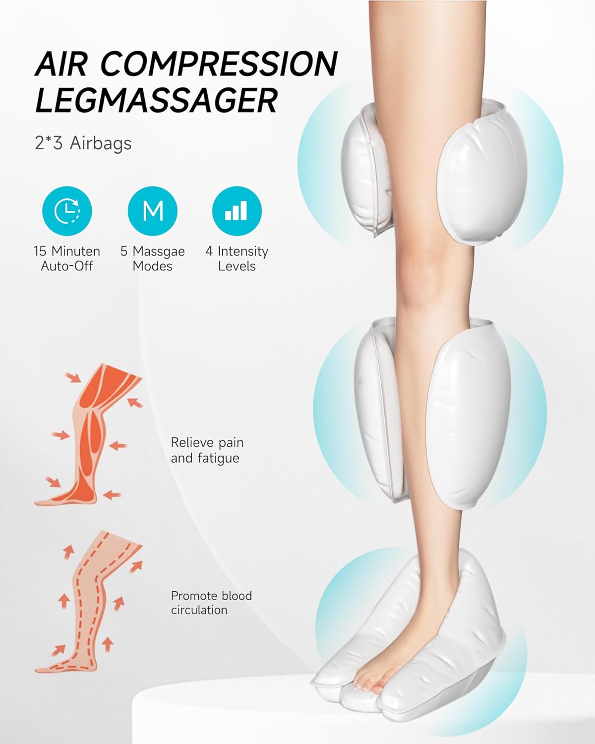 Beinmassagegerät für Durchblutung und Schmerzlinderung, Massagegerät Bein mit Wärme und Kompression für Lymphdrainage, 2 Wärmestufen, 4 Intensitäten, 5 Modi, Geschenk für Männer und Frauen – Bild 3
