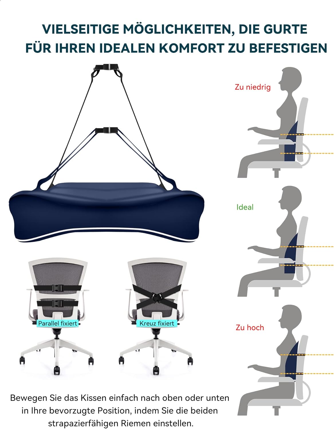 Travel Ease Ergonomisches Memory Foam Rückenkissen, Lendenkissen für Bürostuhl, Schreibtischstuhl, mit antistatischem, hautfreundlichem Bezug und für eine bequeme Sitzhaltung (Dunkelblau) – Bild 6