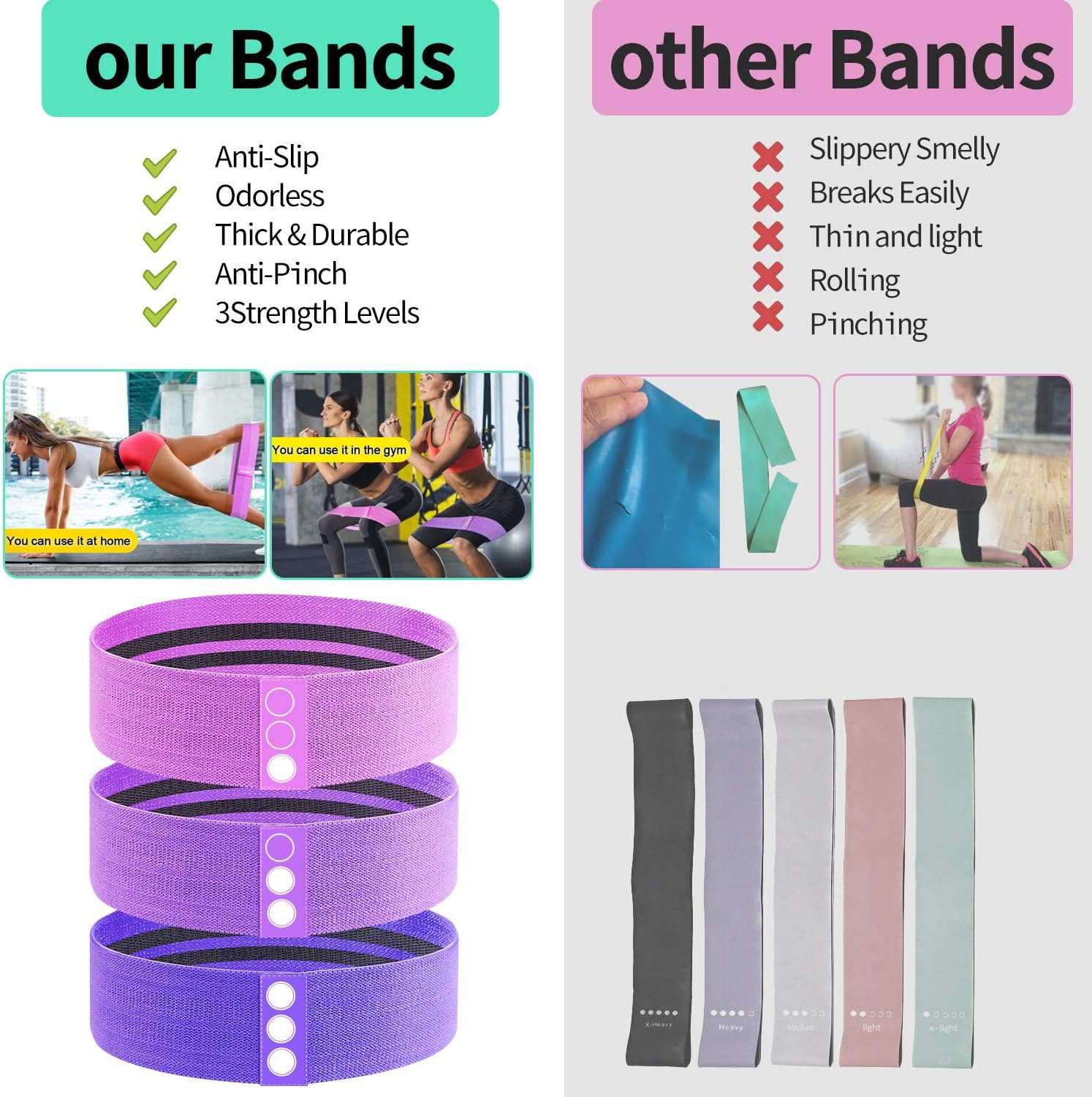 Widerstandsbänder, Fitnessbänder, Hüftwiderstandsbänder-Set mit starker Elastizität, Zugfestigkeit, rutschfestem Trainingsband für Hüfte, Beine, Pilates, Yoga, Krafttraining – Bild 4