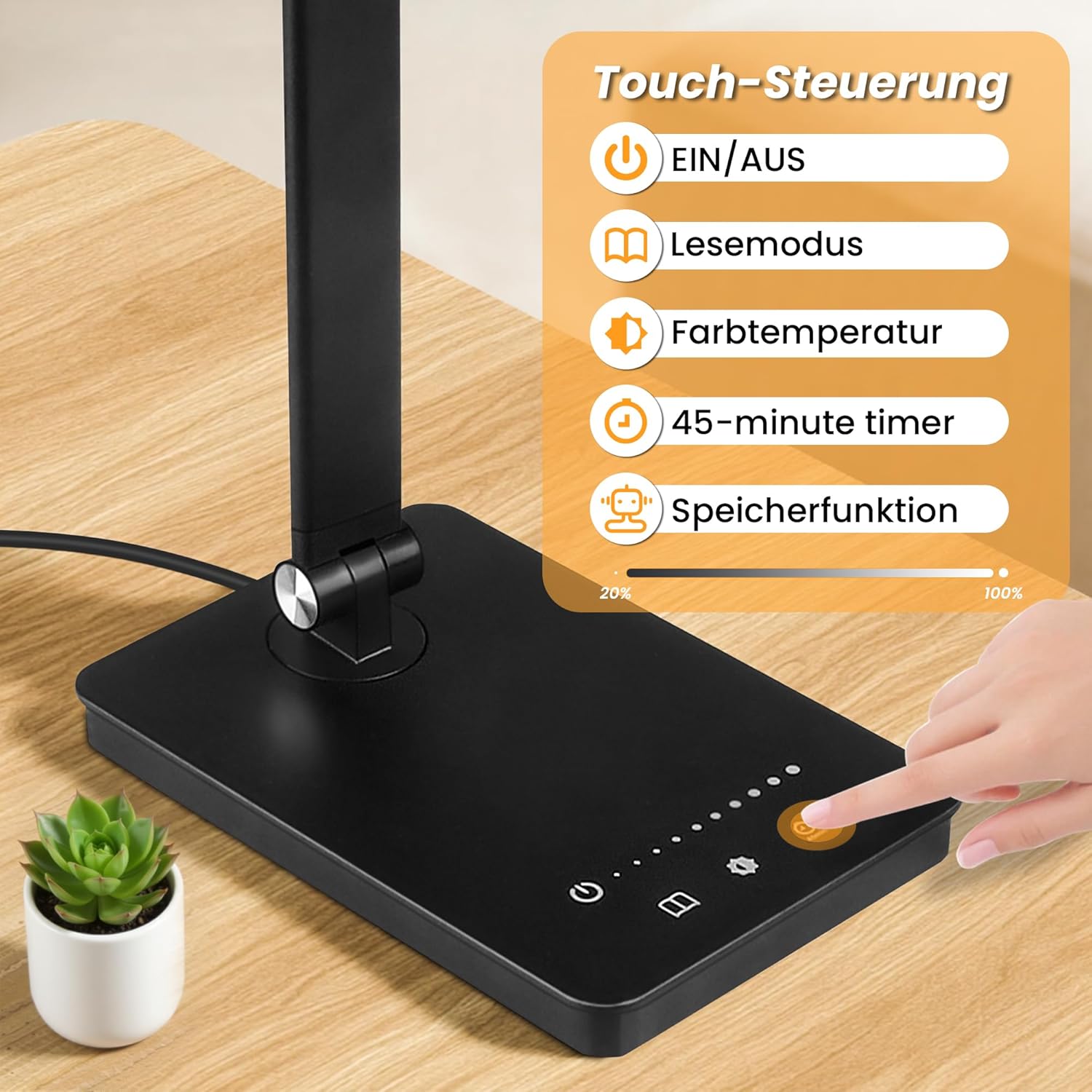 Akynite 42 LED-Schreibtischlampe, dimmbarer USB-Anschluss, 2A-Adapter im Lieferumfang enthalten, 5 Farben, 10 Helligkeiten, Leselampe, Schreibtisch, faltbare Lampe Touch mit Timer, Leselampe für Kinder, Schwarz – Bild 2