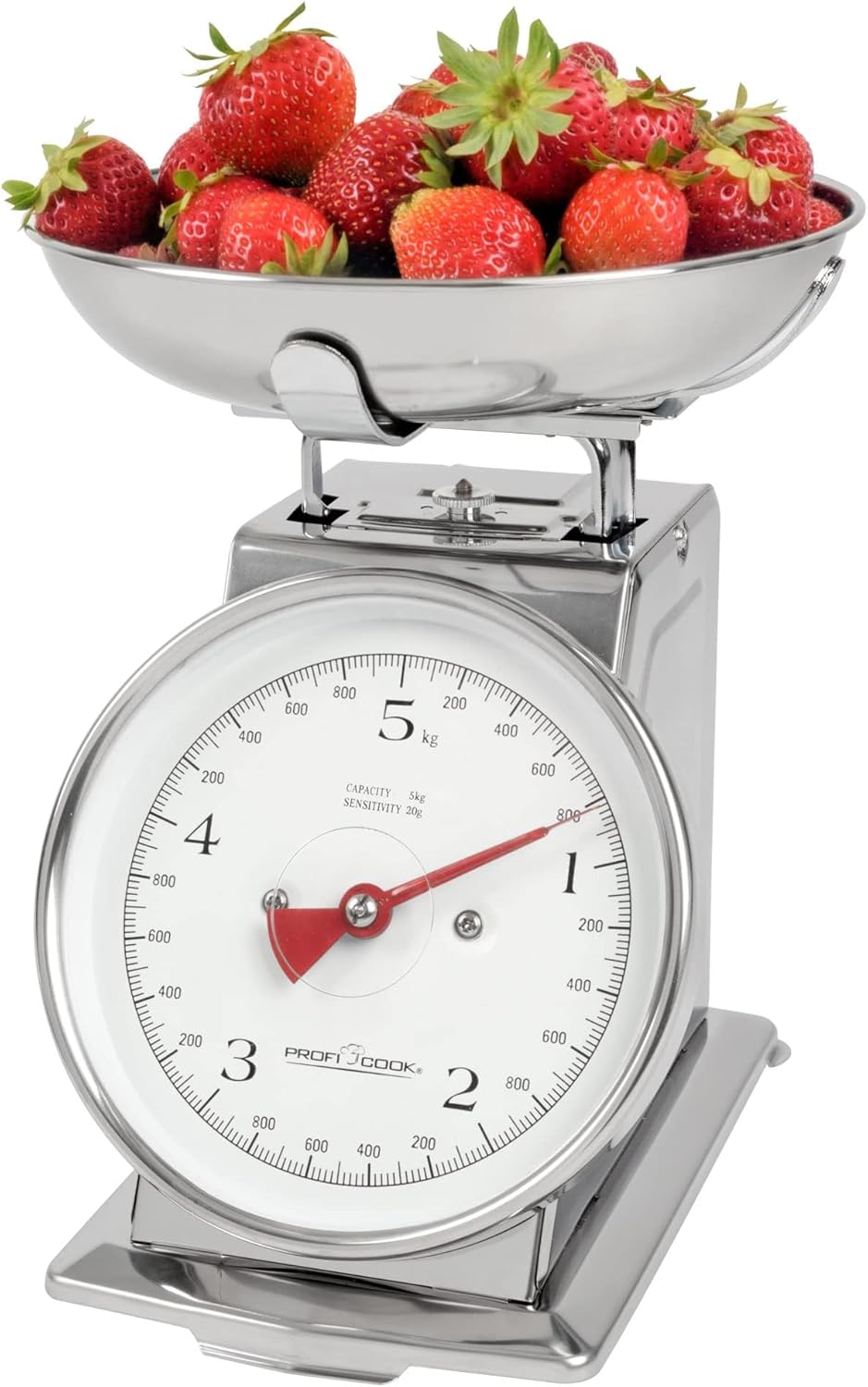 ProfiCook Küchenwaage ohne Batterie | Küchenwaage Retro Analog | Bis 5 kg mit Tara-Funktion | Waage für die Küche ohne Batterie/Strom | Inklusive Edelstahlschüssel | Retro Küchenwaage PC KW 1247