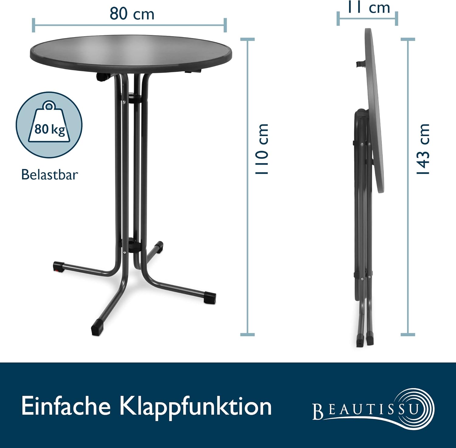 Beautissu Gastro-Bistrotisch klappbar Ø 80 cm Sylt Outdoor-Bistrotisch rund anthrazitgrau – wetterfester Klapptisch in Gastro-Qualität & hitzebeständig – Bild 2