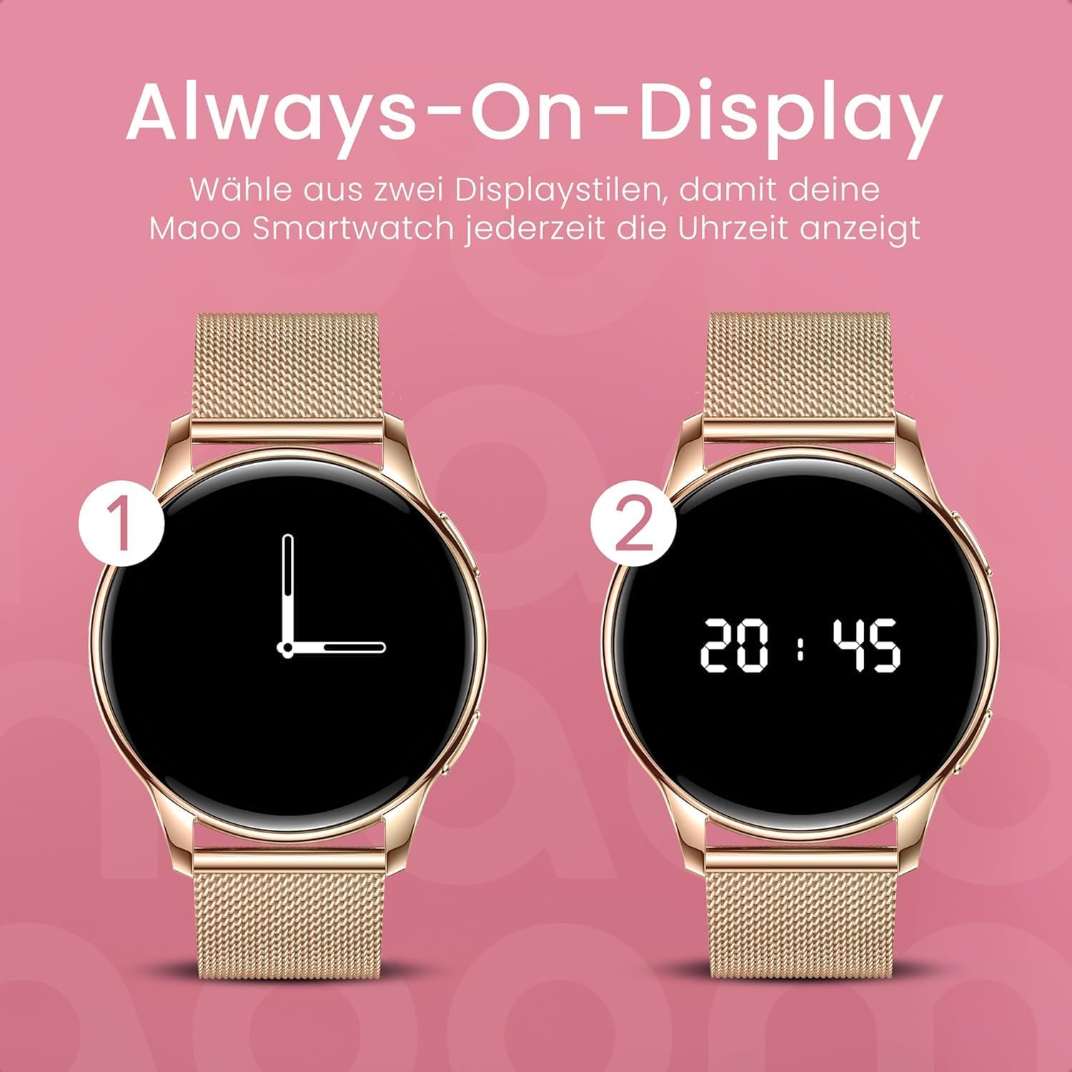 maoo Ventura Damen Smartwatch mit Anruffunktion, 1,32 Zoll AMOLED Display, Herzfrequenzmesser, SPO₂, Blutdruckmessgerät, 100+ Sportmodi, IP67 wasserdicht, inklusive 5 Armbändern (Roségold) – Bild 6