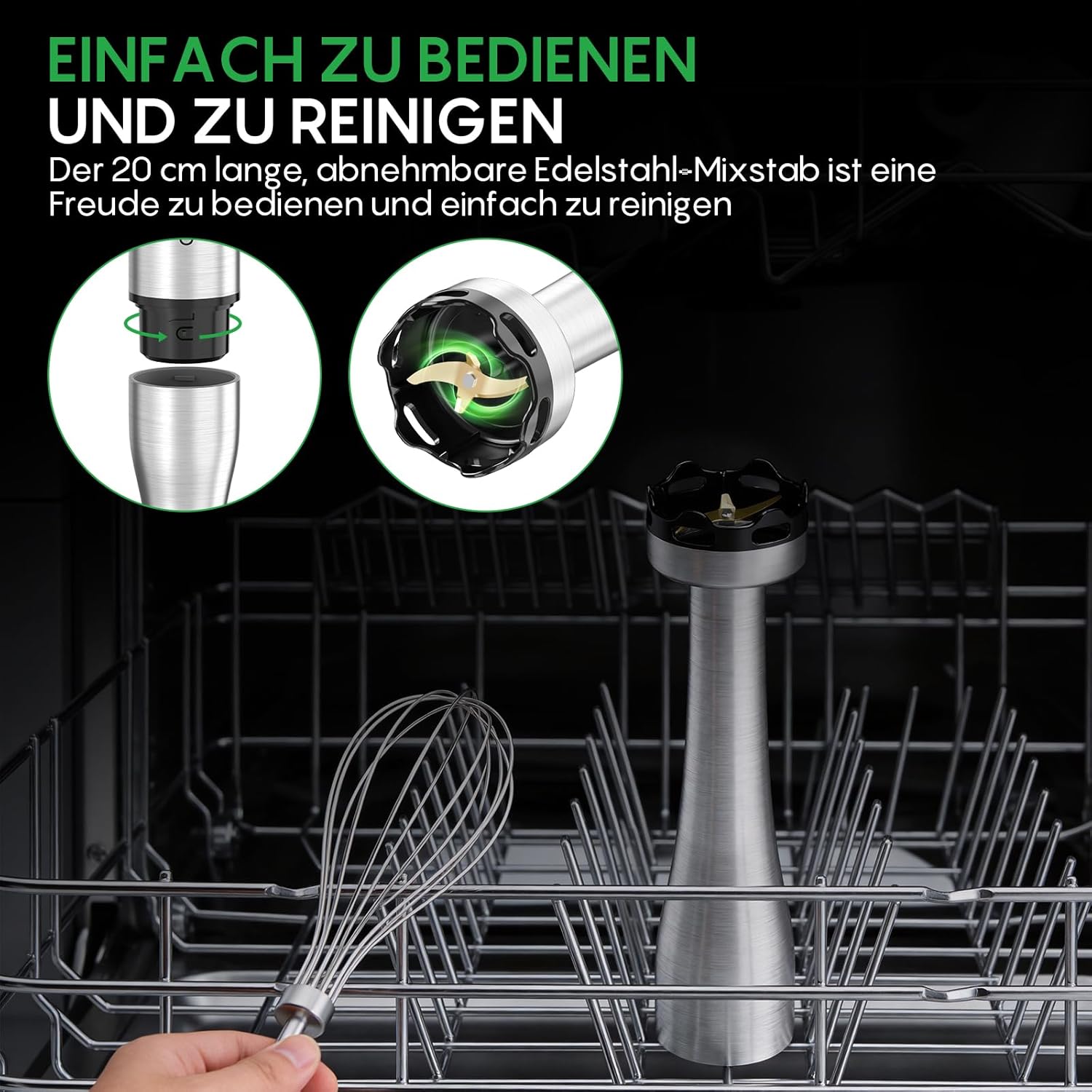 FRESKO Stabmixer 1000 W mit Zubehörset, Pürierstab aus Edelstahl inklusive Schneebesen, 500 ml Lebensmittelzerkleinerer, Messbecher mit Deckel und Schutzhülle, stufenlose Geschwindigkeiten für Smoothies, Suppe – Bild 6