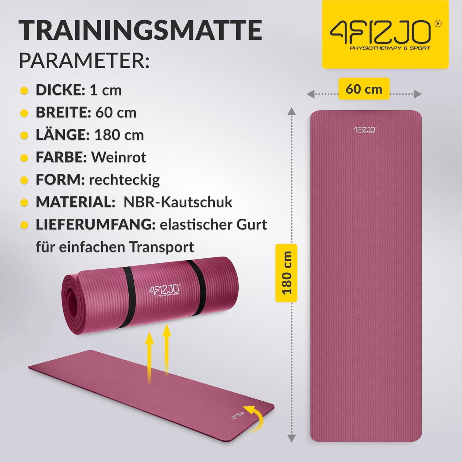 4FIZJO Fitnessmatte mit Tragegurt, Maße 180 x 60 cm, NBR-Schaum, rutschfest, Komfort, In & Outdoor, Pilatesmatte, Yogamatte, Sportmatte, Gymnastikmatte, Trainingsmatte – Bild 3