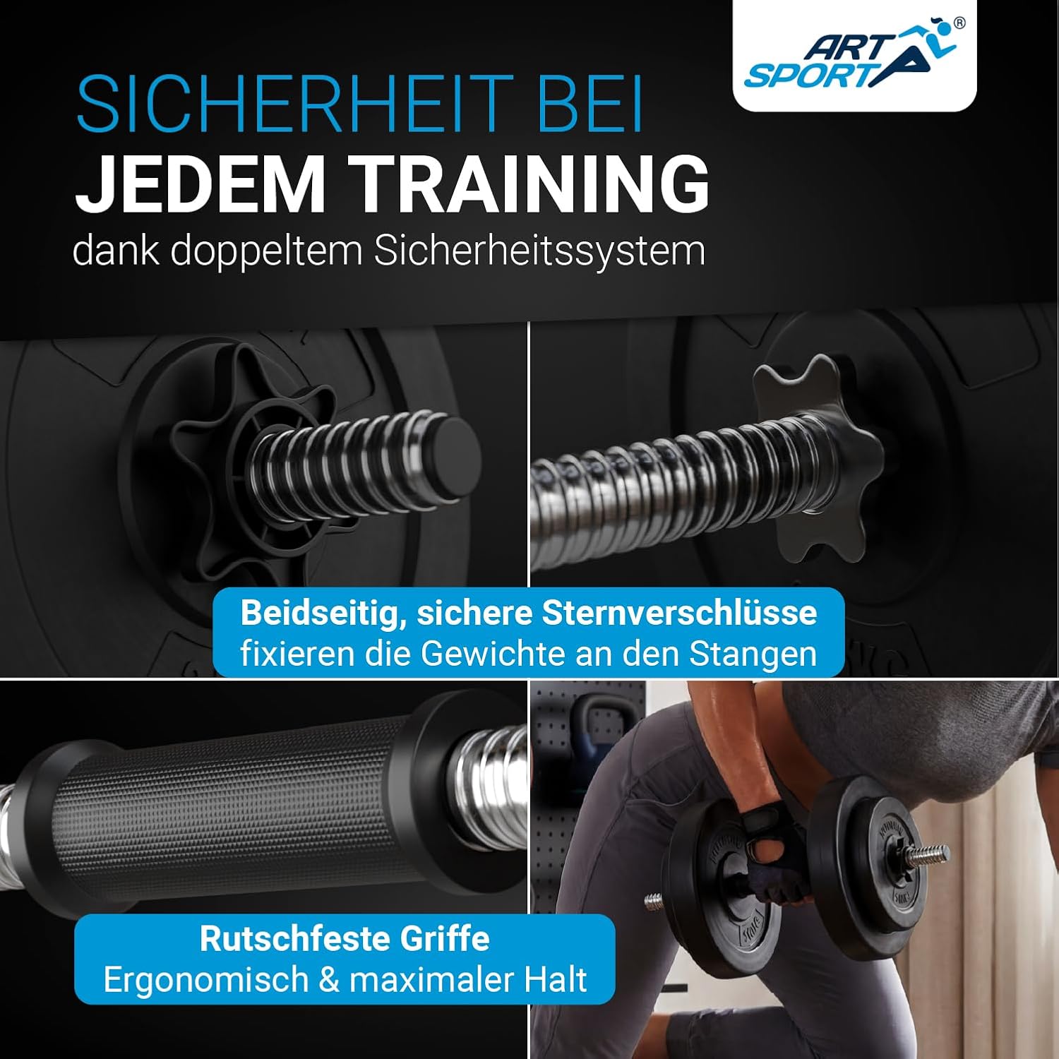 ArtSport 3-in-1-Hantelset mit 2 Hanteln, 1 Langhantel & 1 SZ Curl-Langhantel – 12 Gewichte mit 60 kg und Spinlock-Kragen – Hantelset Krafttraining – Bild 4