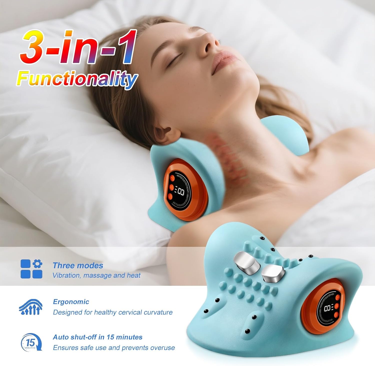 Nackenmassagegerät mit Wärme, 3D-Nackenmassagegerät, kabelloses Nackenmassagegerät, 3 Modi und 6 Intensitätsstufen – Bild 2