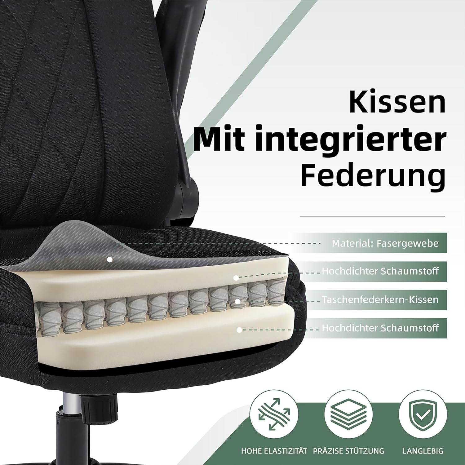 Youhauchair Ergonomischer Bürostuhl, Schreibtischstuhl mit hoher Rückenlehne und höhenverstellbar, Drehstuhl mit Kopfstütze, bequem, Chefsessel für Büro, Schwarz – Bild 7