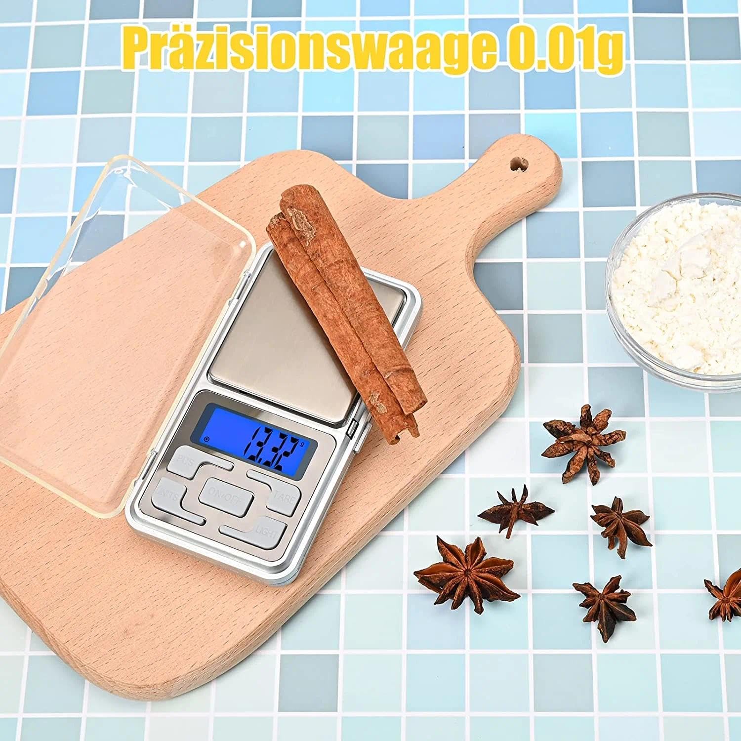 Fousenuk Taschenwaage, Lebensmittelwaage, Edelstahl-Haushaltswaage mit LCD-Display und Tara-Funktion, digitale Küchenwaage, hohe Präzision 500 g/0,01 g, für Kaffee, Lebensmittel, Schmuck – Bild 4