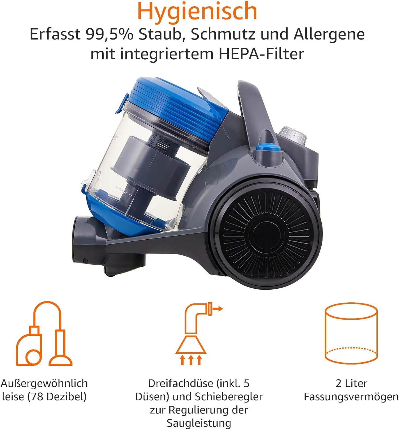 Amazon Basics – Leistungsstarker, kompakter, leichter, beutelloser Zylinderstaubsauger für Hart- und Teppichböden, HEPA-Filter, 700 W, 2,0 l, EU, Schwarz/Blau – Bild 3