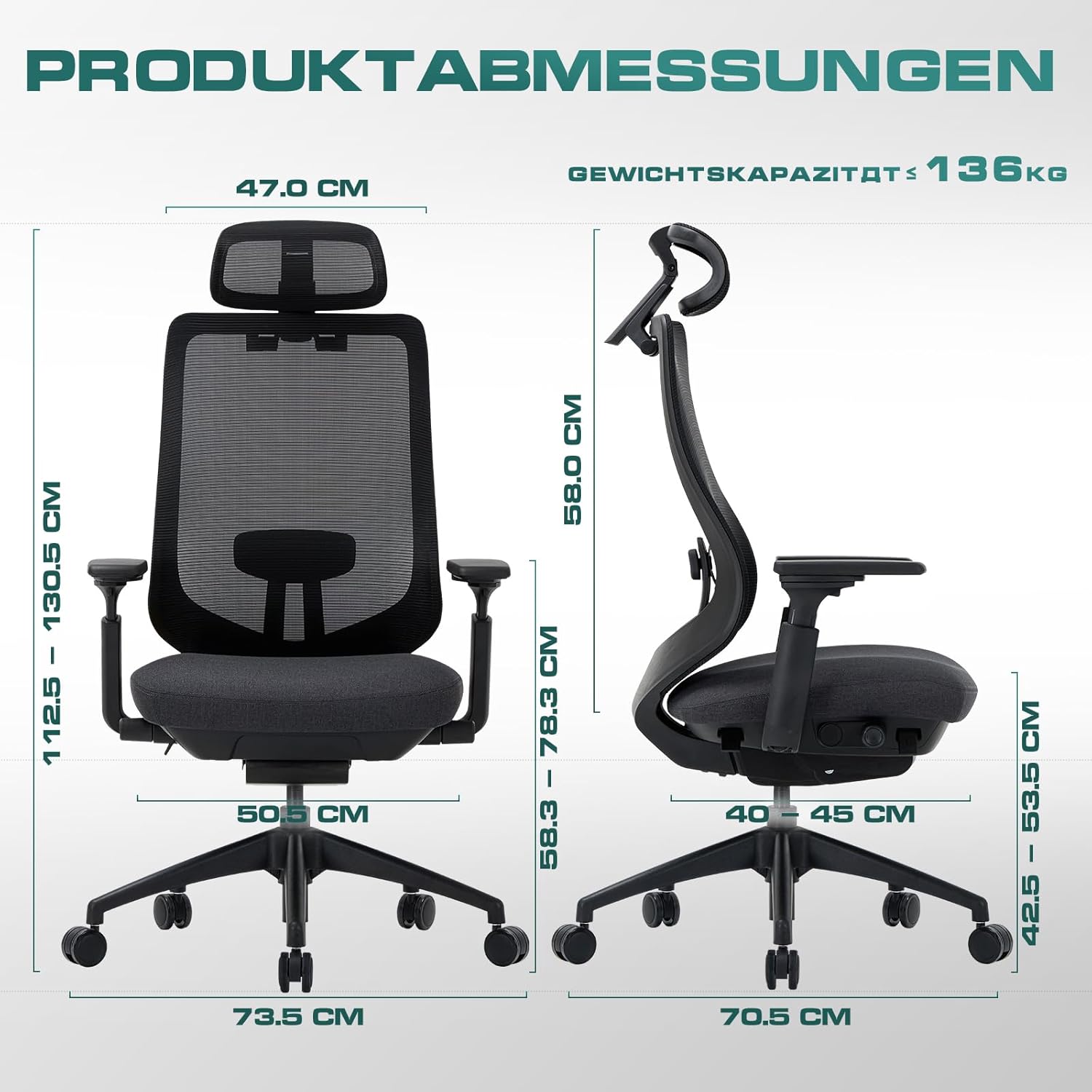 COLAMY XK01 Atlas Ergonomischer Bürostuhl aus Netzstoff, Chefsessel mit hoher Rückenlehne, verstellbare Kopfstütze und 4D-Armlehnen, verschiebbarer Sitz, Kippschutz, Nylonbasis, Schwarz – Bild 3