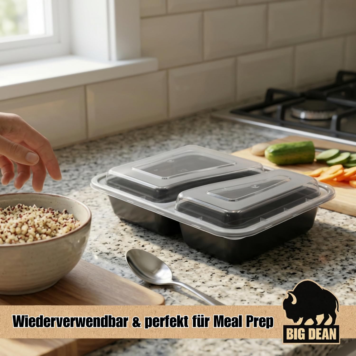 BigDean Packung mit 10 wiederverwendbaren Meal-Prep-Boxen mit Deckel und 2 Fächern – robuste Meal-Prep-Boxen, stapelbare Meal-Prep-Dosen und Lebensmittelbox – mikrowellen-, gefrier- und spülmaschinenfest – Bild 2