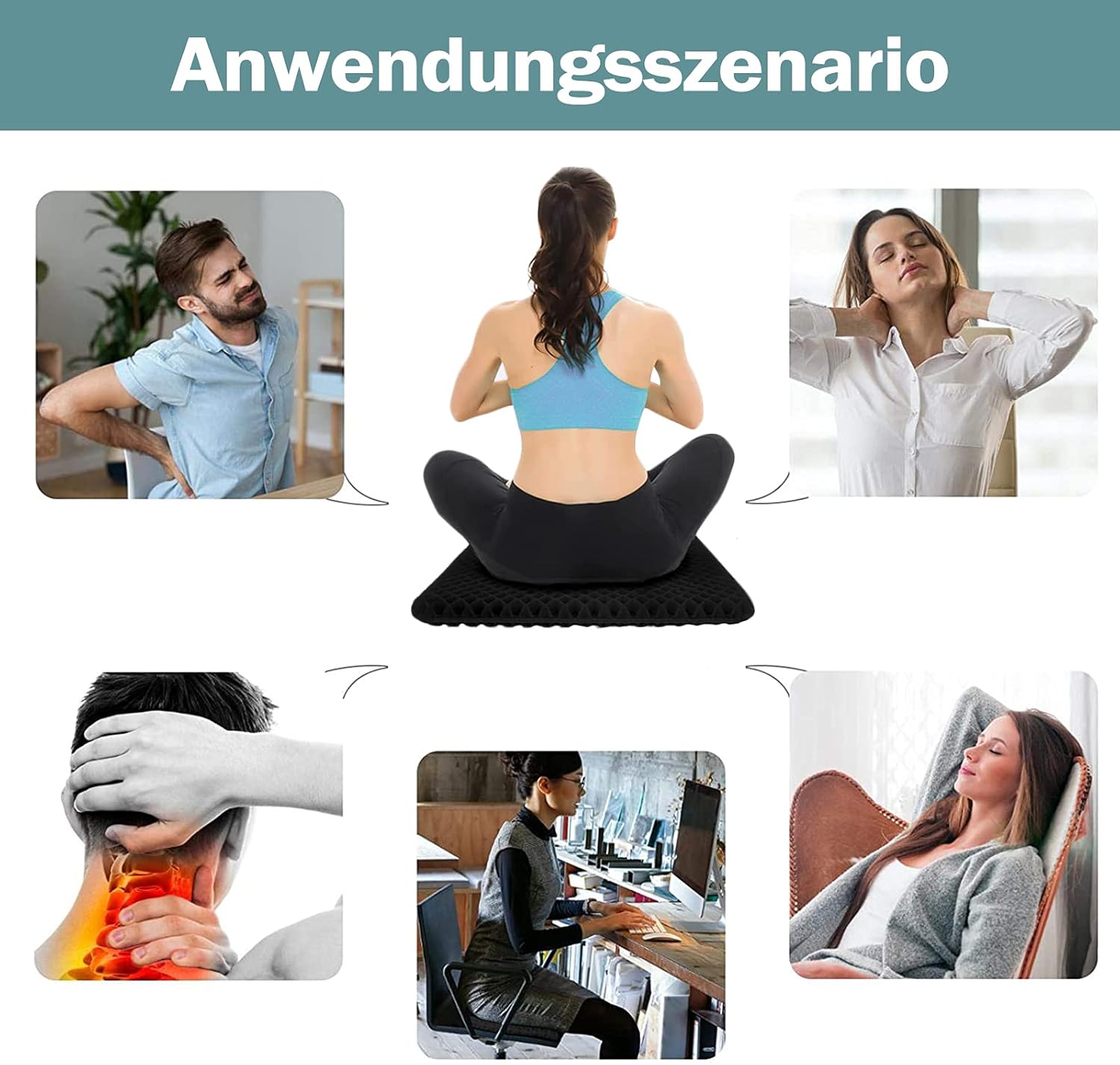 HSSGGV Waben-Gel-Sitzkissen, rutschfester Bezug, atmungsaktiv, für Auto, Bürostuhl und Rollstuhl (schwarz, 44 x 39 x 4 cm) – Bild 6