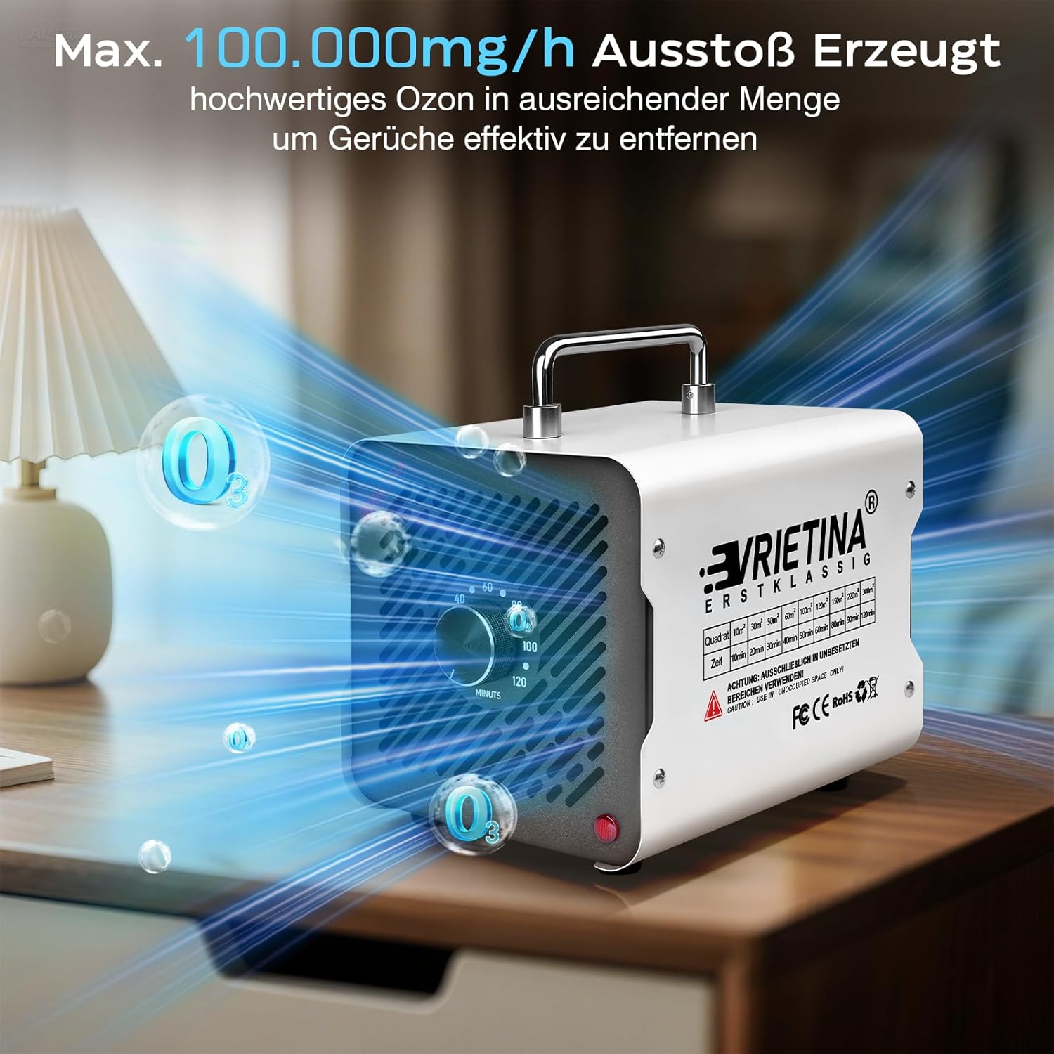 Ozongenerator O3 100.000 mg/h, industrielles Ozongerät für 300㎡ (120-Minuten-Timer 35 dB, 3 m³/min, 80–150 W), Ozonisator O3, Ozon-Luftreiniger, Geruchsbeseitiger für Autorauch, Zuhause, Hotel, Küche, Haustiergerüche – Bild 2