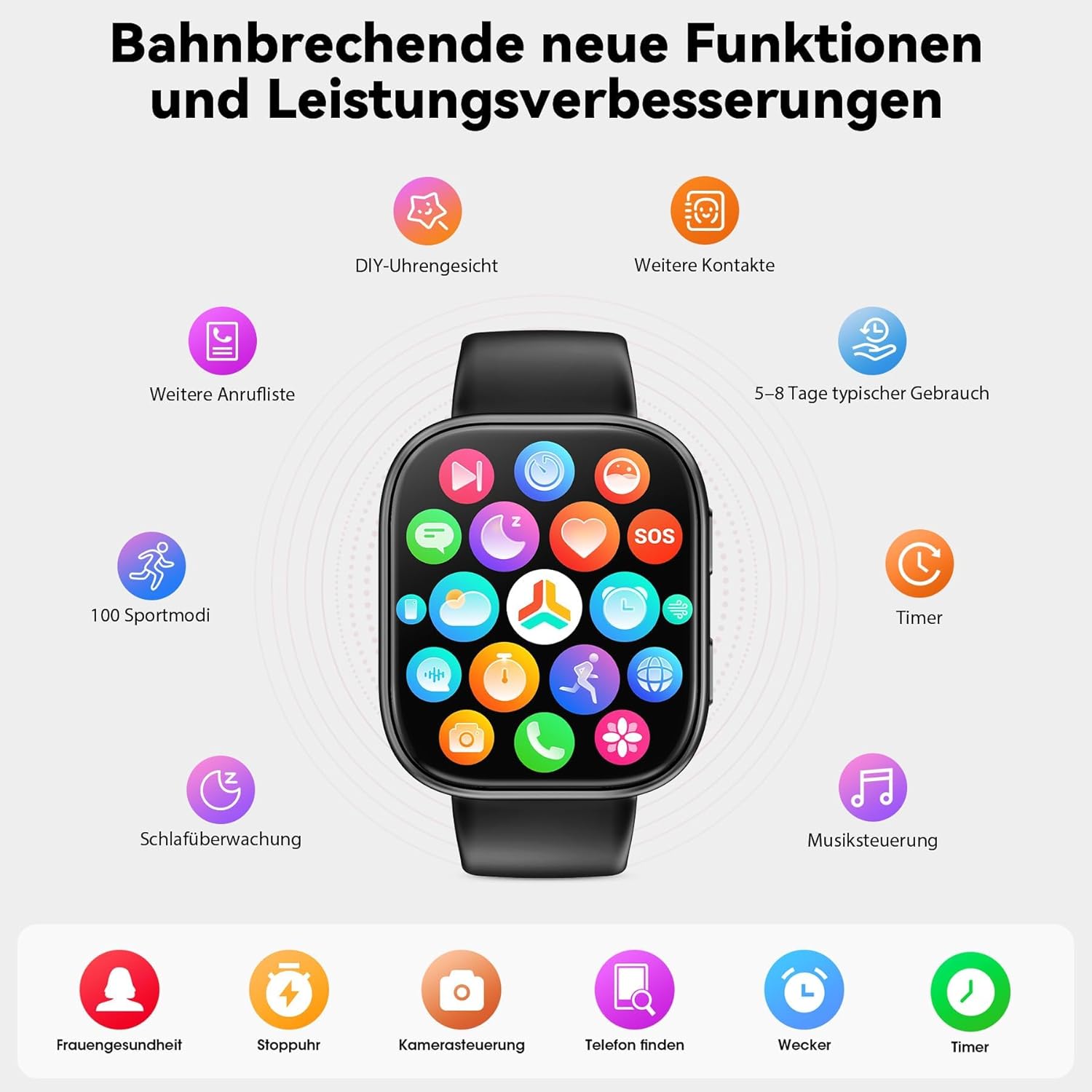 Smartwatch Damen Herren, 1.83" HD Fitnessuhr mit Telefonfunktion, Fitness Tracker mit SpO2 Pulsmesser Schlafmonitor Schrittzähler, 110+ Sportmodi Sportuhr, IP68 Wasserdicht Smart Watch für Android iOS – Bild 8