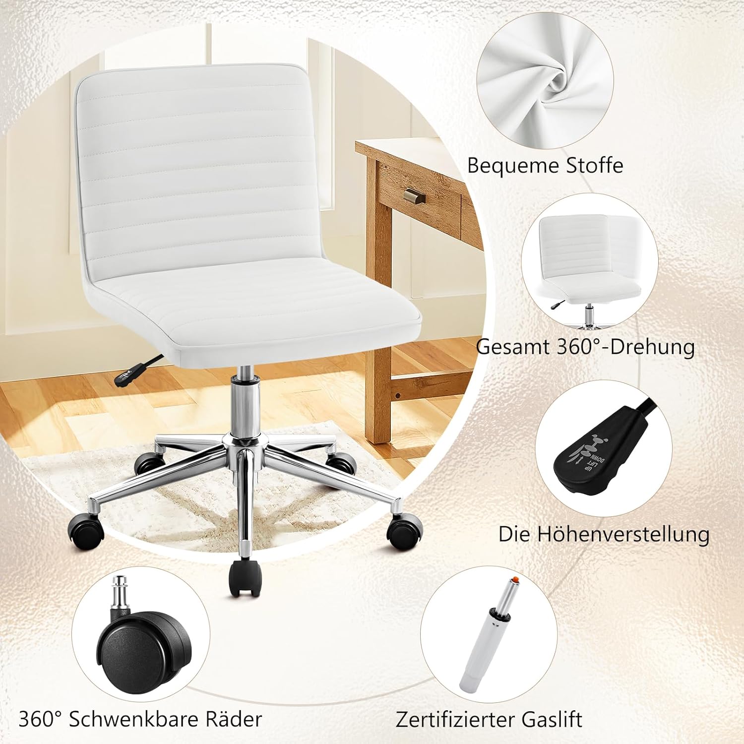 Hellove Bürostuhl, Schreibtischstuhl, ergonomischer PU-Leder-Drehstuhl ohne Armlehnen, höhenverstellbar, Home-Office-Stuhl, 360° drehbar, für Arbeitszimmer, Büro, Wohnzimmer, Schlafzimmer, Weiß – Bild 4