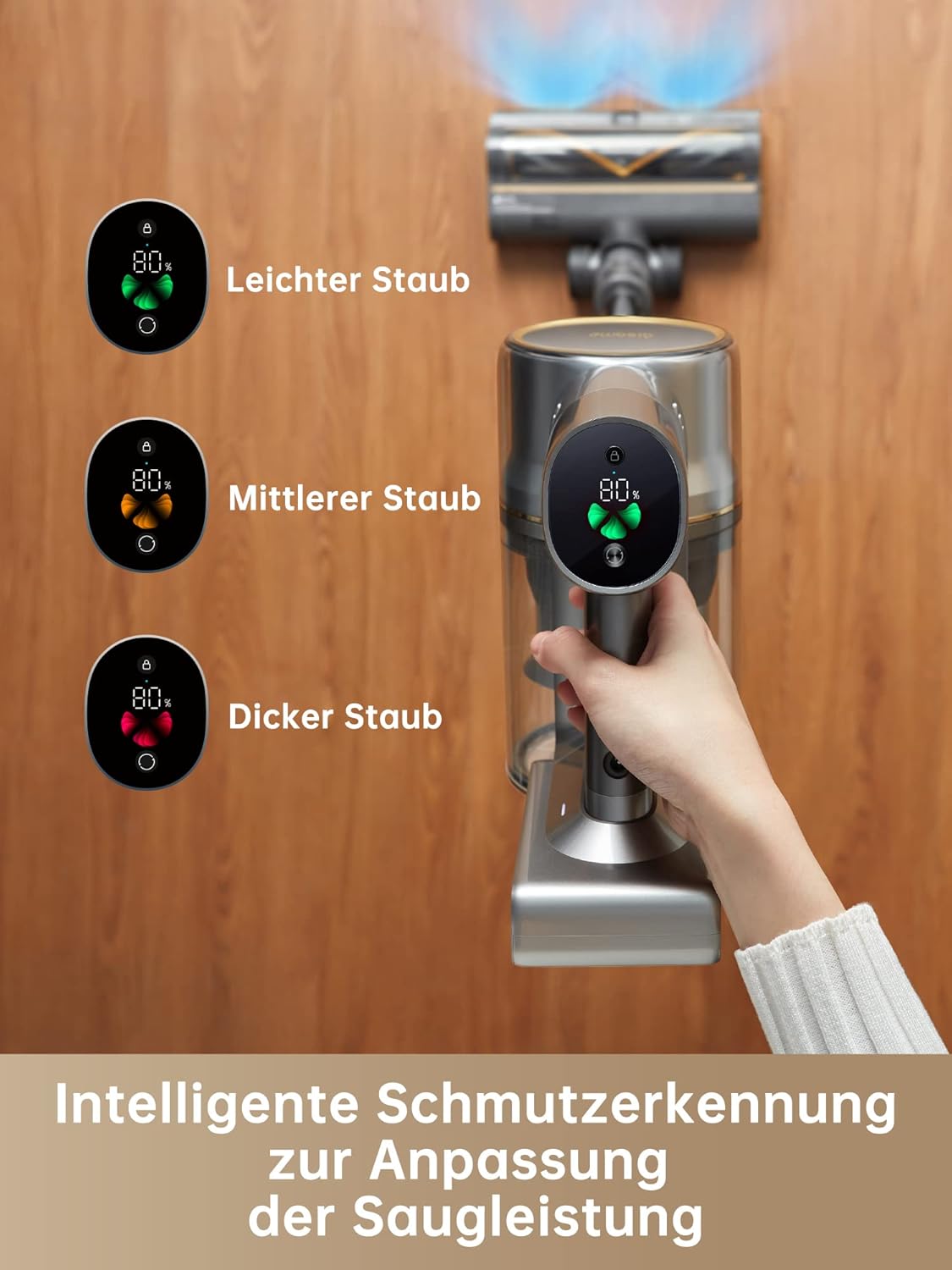 dreame R20 Kabelloser Staubsauger, 22.000 PA / 190 AW, starke Saugleistung, 90 Minuten lange Laufzeit, Schmutzerkennung, LED-Bildschirm, blaues LED-Licht, kein Verheddern, ideal für Tierhaare, Teppiche – Bild 6
