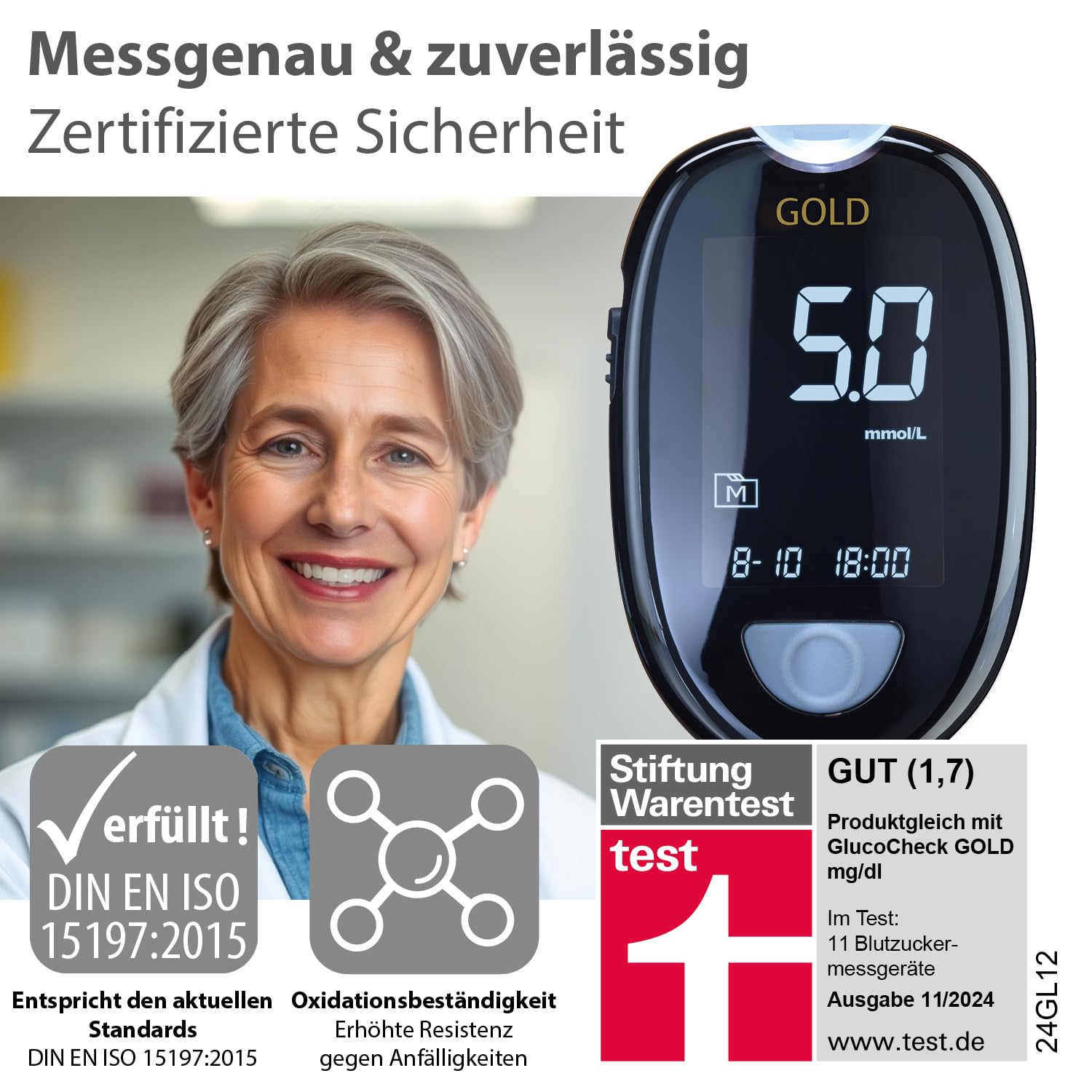 GlucoCheck Gold Blutzuckermessgerät-Set (mmol/L) + 110 Blutzucker-Teststreifen, 10 Lanzetten, 1 Stechhilfe, 1 Etui, Maxi-Sparset zur Blutzucker-Selbstkontrolle – Bild 3