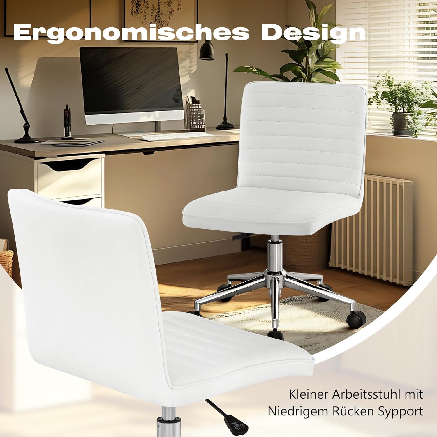 Hellove Bürostuhl, Schreibtischstuhl, ergonomischer PU-Leder-Drehstuhl ohne Armlehnen, höhenverstellbar, Home-Office-Stuhl, 360° drehbar, für Arbeitszimmer, Büro, Wohnzimmer, Schlafzimmer, Weiß – Bild 5