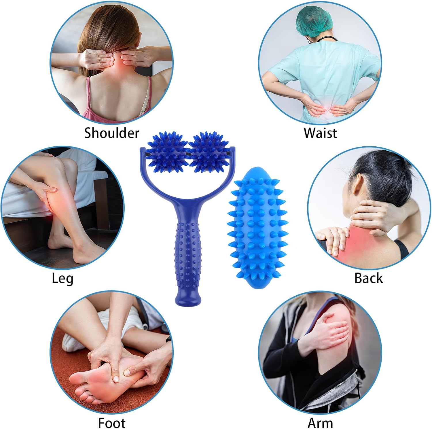 Massageroller mit Griff, austauschbarer Massageroller mit 3 Igelbällen, Massageball, Selbstmassageroller, Faszienball, Igelball, Fußmassage für Beine, Rücken, Arme, Schultern, Muskelschmerzen (blau) – Bild 5