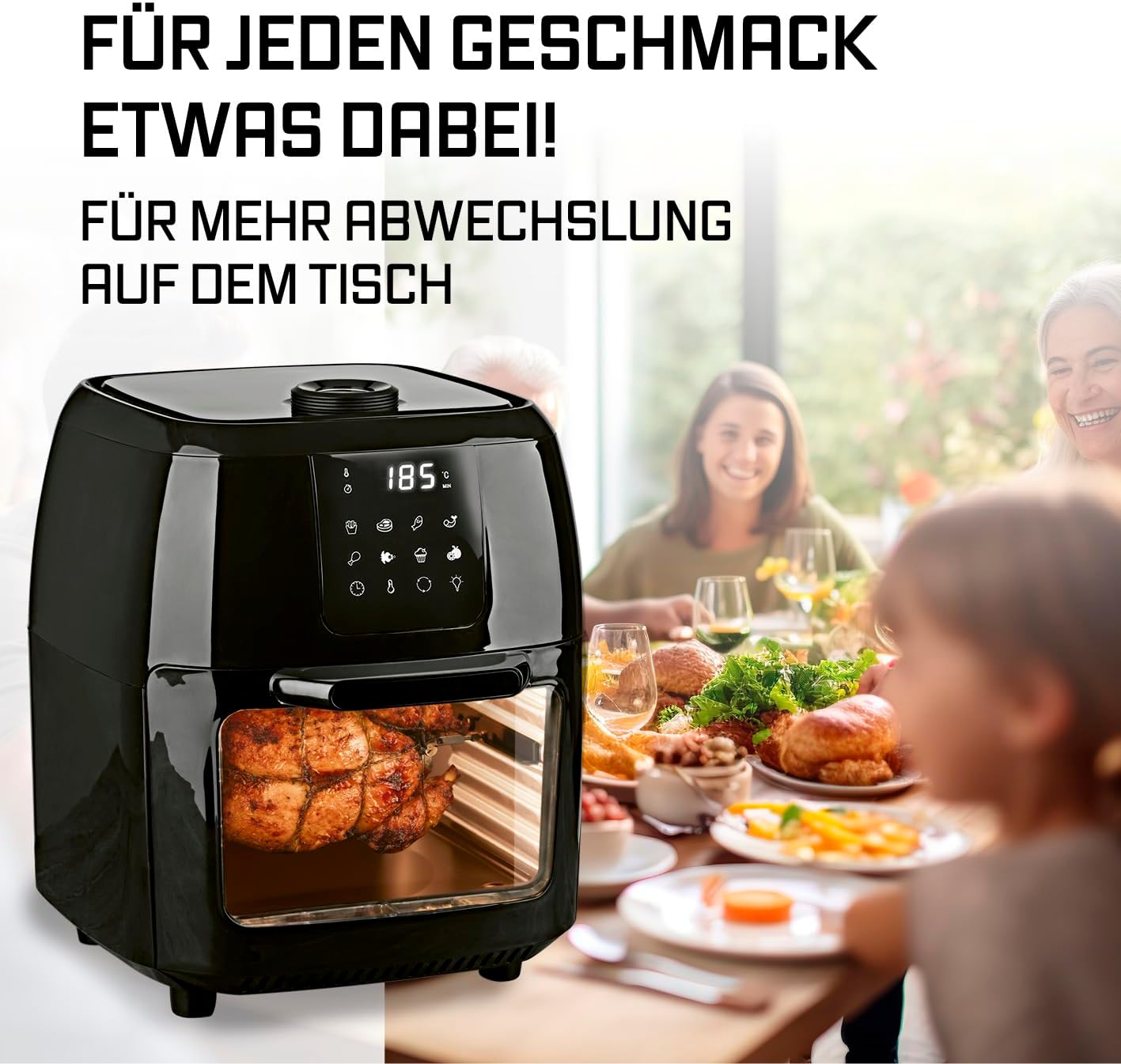 GOURMETmaxx Digitale XXL Heißluftfritteuse, 9 Liter | Frittieren ohne Fett, Fritteuse, Backofen und Drehgrill in einem | Inklusive Drehspieß für Hähnchen- und Kebabspieße (1.800 Watt/Schwarz) – Bild 7