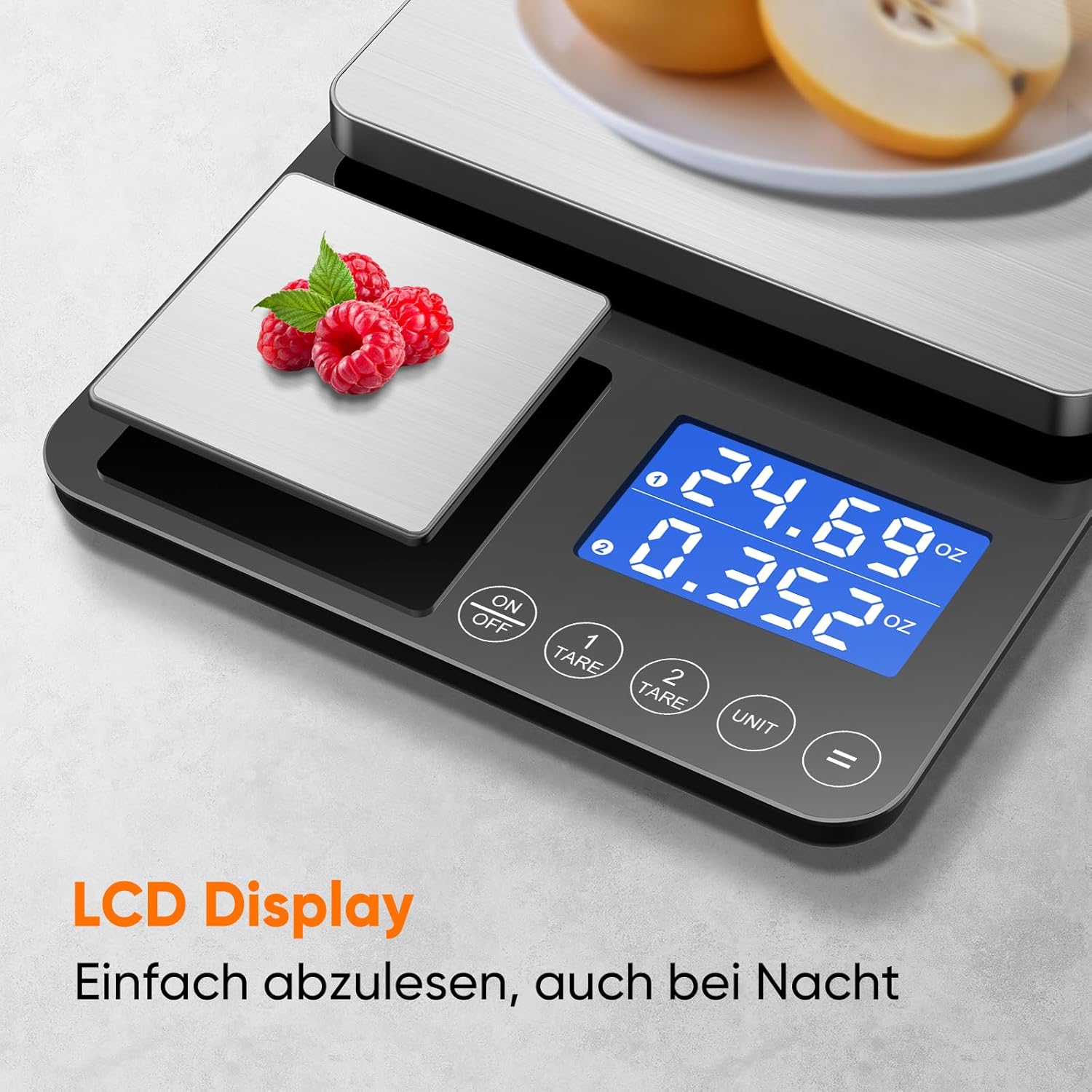 Digitale Küchenwaage mit LCD-Display und Tara-Funktion, präzise 1-g-Messung zum Backen und Kochen, Silber – Bild 3