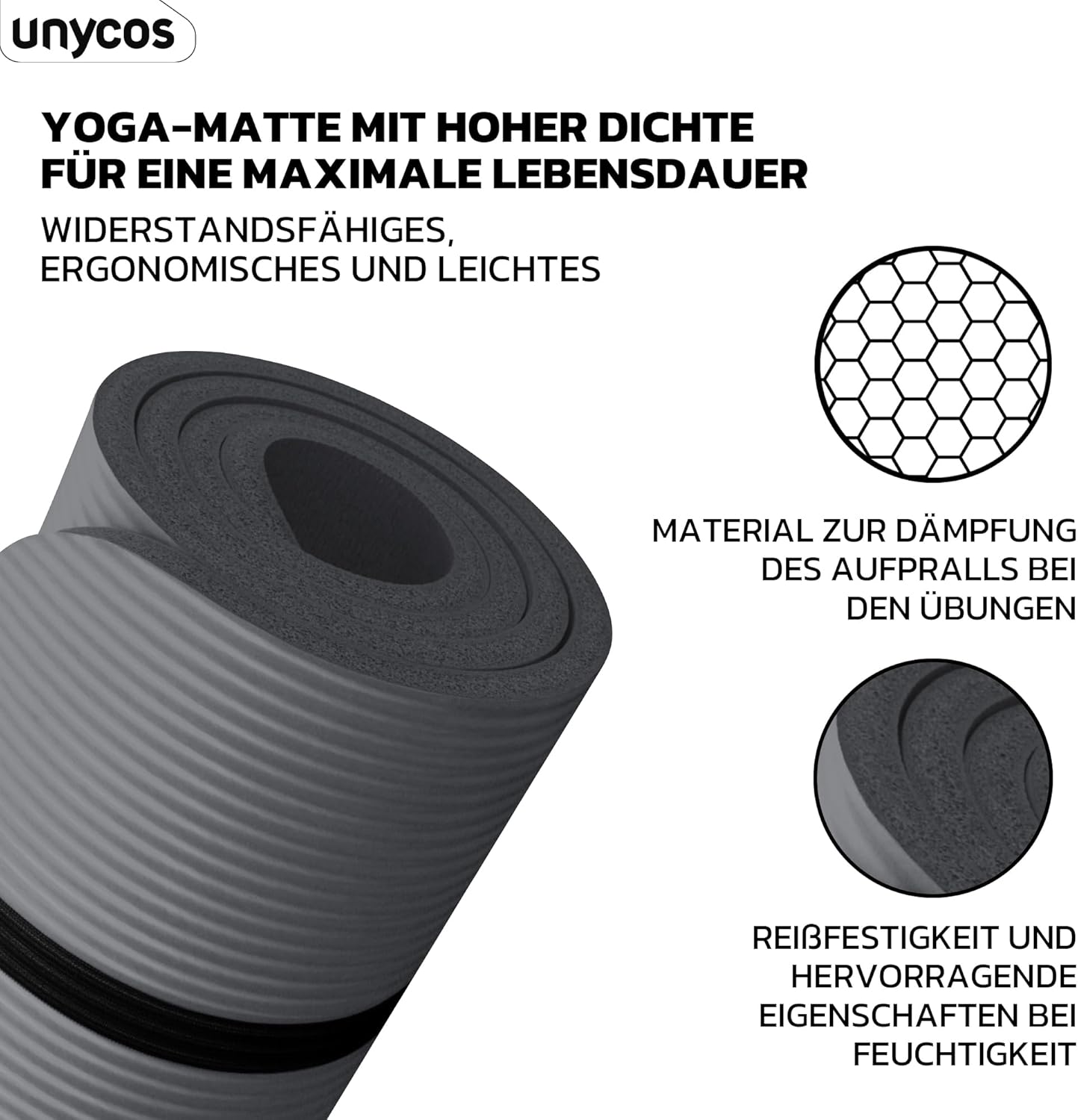 unycos - Yogamatte rutschfest | Hohe Dichte 6/10/15 mm, Gymnastikmatte mit Tragegurt und Schultergurt. 【Inklusive E-Book】 Hautfreundliche Fitnessmatte für Pilates, Trainingsmatte, Fitnessstudio – Bild 2