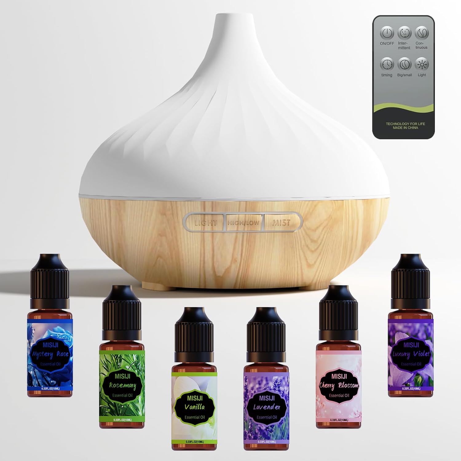 Aromadiffusor für Duftöle 500 ml, mit Fernbedienung und Set aus ätherischen Blumenölen 6 x 10 ml, 4 Timer-Einstellungen, 7 Arten von LED-Lichtfarben