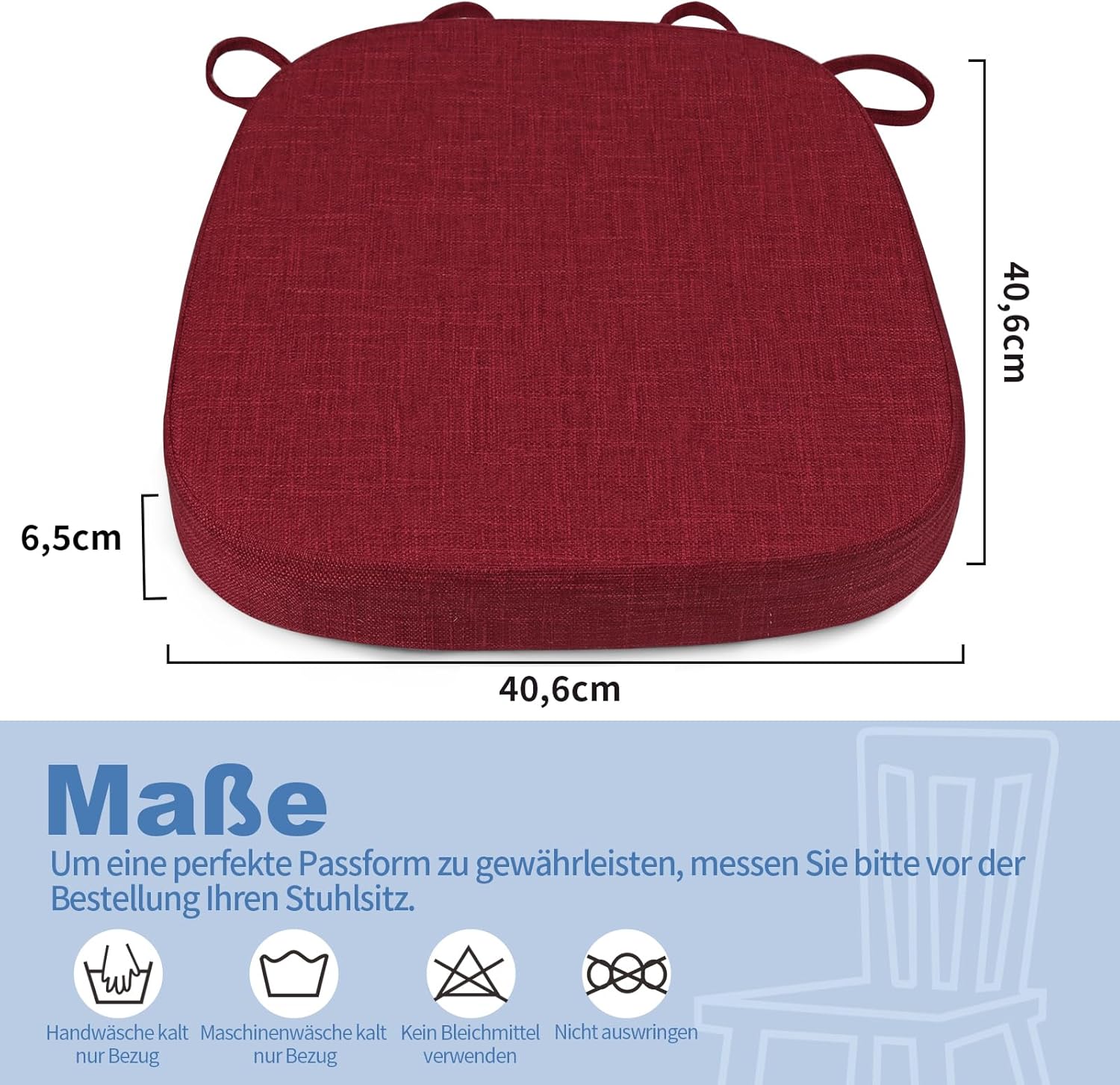 BUYUE Stuhlkissen 6,5 cm dick, U-förmiges Sitzkissen 40 x 40 cm mit hochdichtem Schaumstoff, Stoffbezug, rutschfeste Sitzunterlage für Küche und Esszimmer (1 Stück, rot) – Bild 2