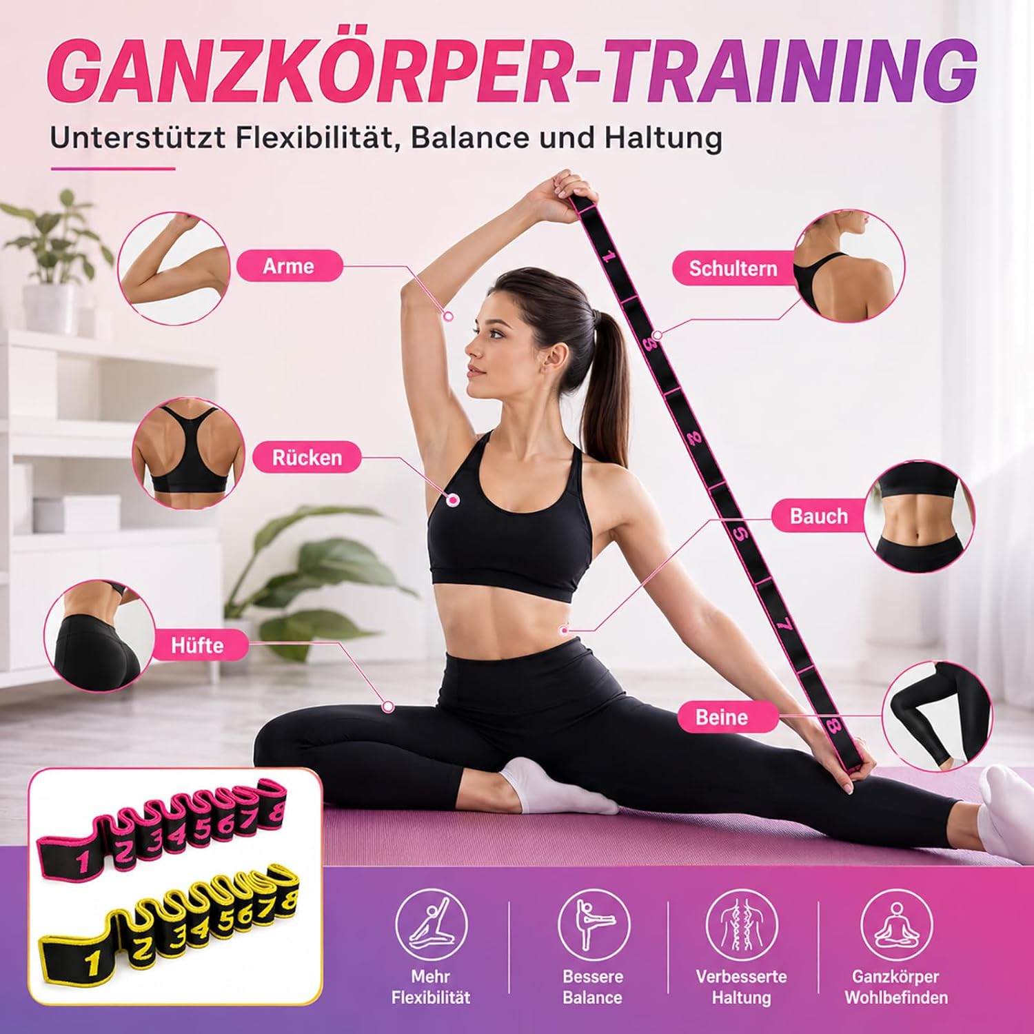 2er-Pack Gymnastikbänder mit Schlaufen, Fitnessbänder, Widerstandsbänder, 8 Schlaufen, verstellbares Theraband, Terraband-Bänder-Set für Yoga, Pilates, Physiotherapie, Krafttraining, Stoff-Stretchband (Rosa+Gelb) – Bild 5