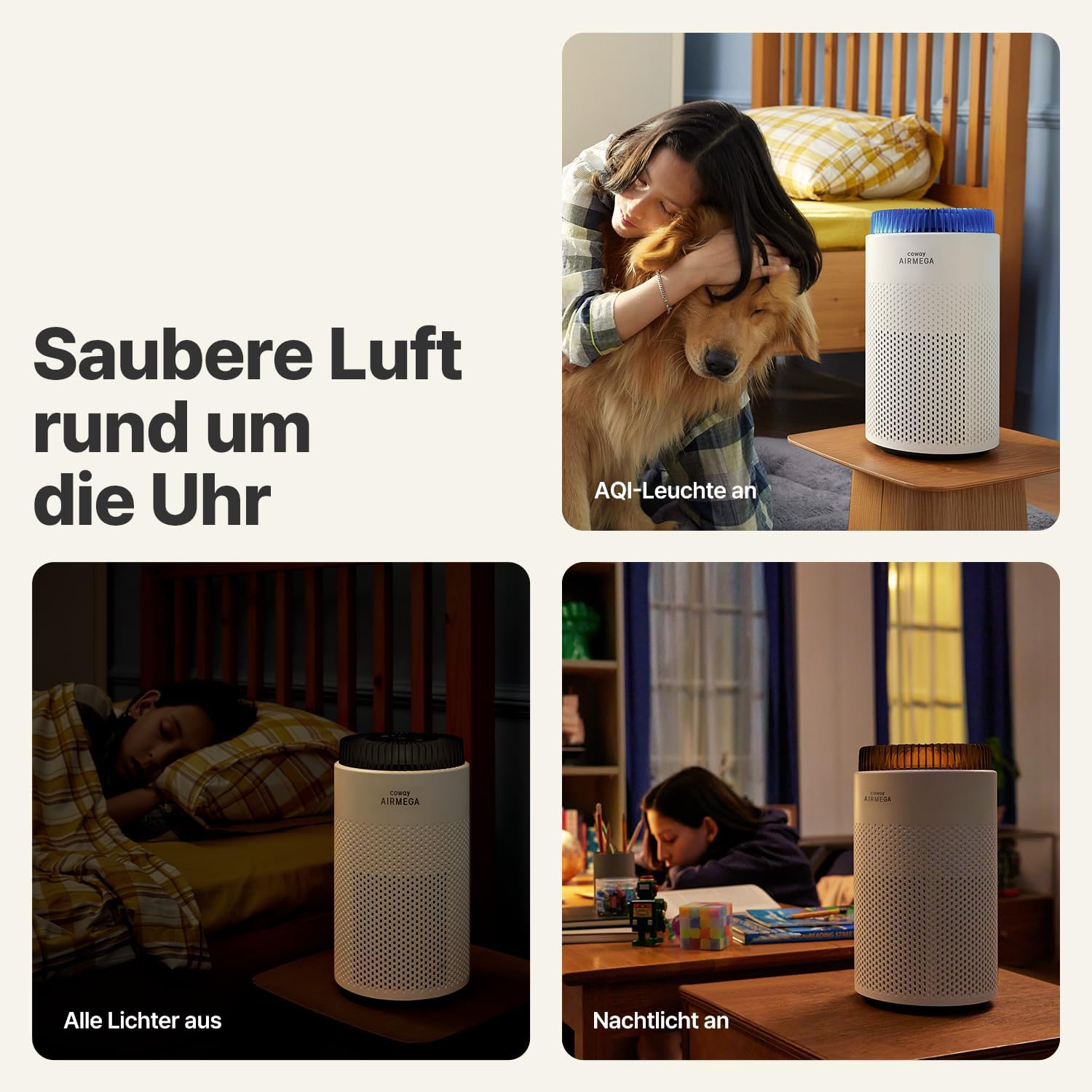 COWAY Luftreiniger Allergiker für Schlafzimmer & kleine Räume, leiser Luftreiniger mit 18,4 dB, CADR 120,1 m³/h, Mood Light, Automatik gegen Pollen, Staub, Tierhaare & Rauch, AIRMEGA 50 – Bild 6