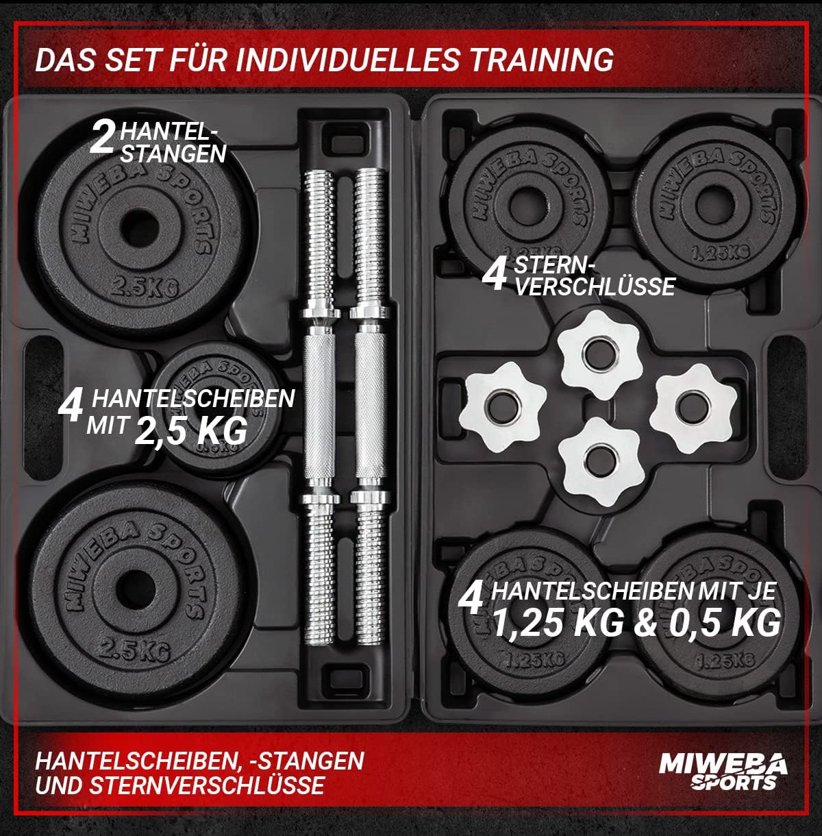 Miweba Sports MKH120 Hantelset | 20 kg – Profi-Hanteln mit Koffer – Damen und Herren – Hantel-Set – Hantelkoffer – Hanteln – Hantelscheiben aus Gusseisen – ergonomischer Griff – Einzelhanteln – Bild 3