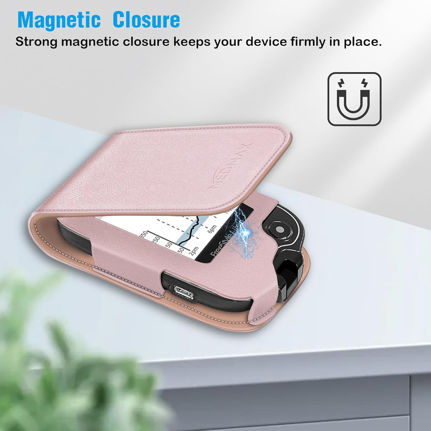 MEDMAX Hülle für Freestyle Libre 3/2 / Libre Reader Blutzuckermessgerät, Tasche mit Halshalter zum Umhängen, Kunstleder-Schutzhülle mit Karabiner-Clip für Diabetiker (Roségold) – Bild 4