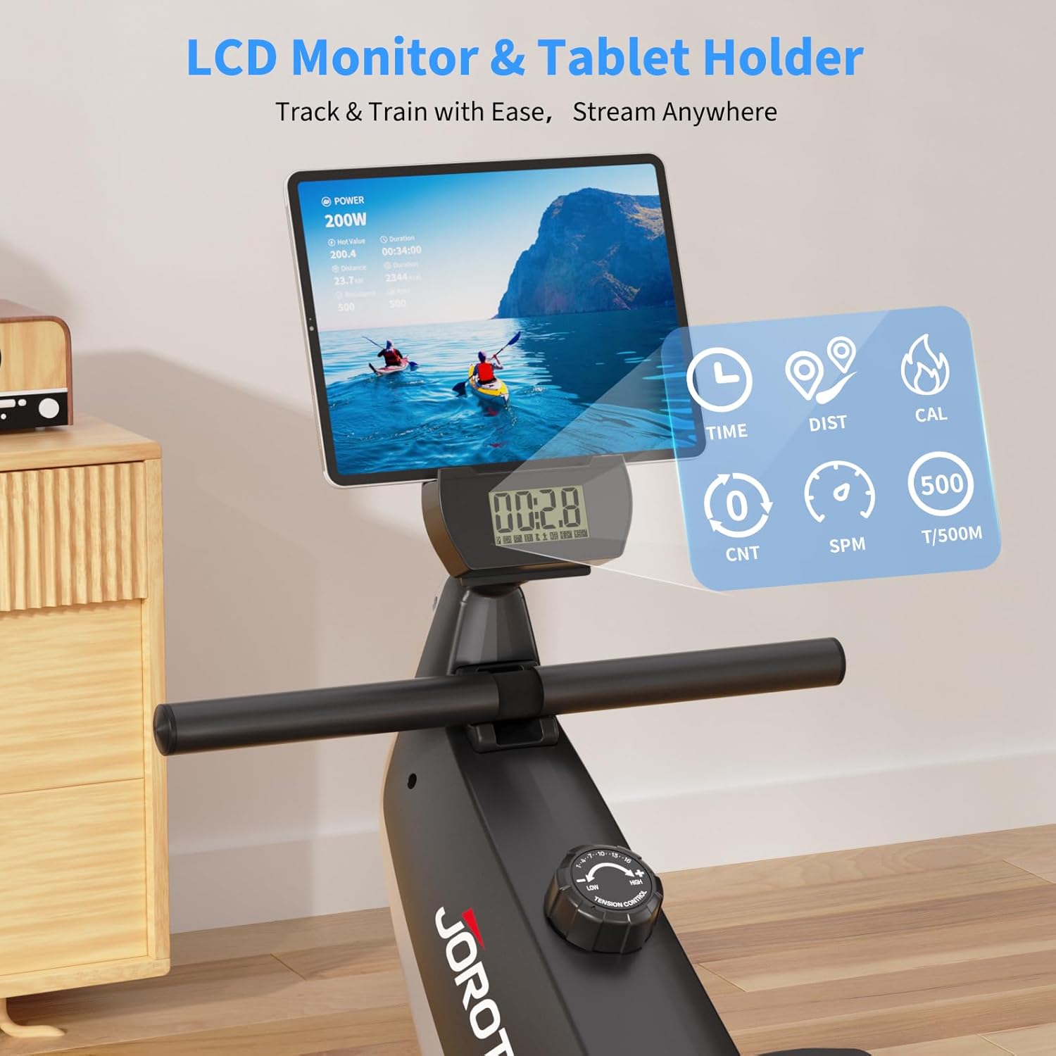 JOROTO Heimrudergerät – Leises magnetisches Rudergerät mit exklusiver App | 16 Widerstandsstufen | Dual-Rail-Design | Bis 150kg | Ideal für Heimtraining (Schwarz) – Bild 6