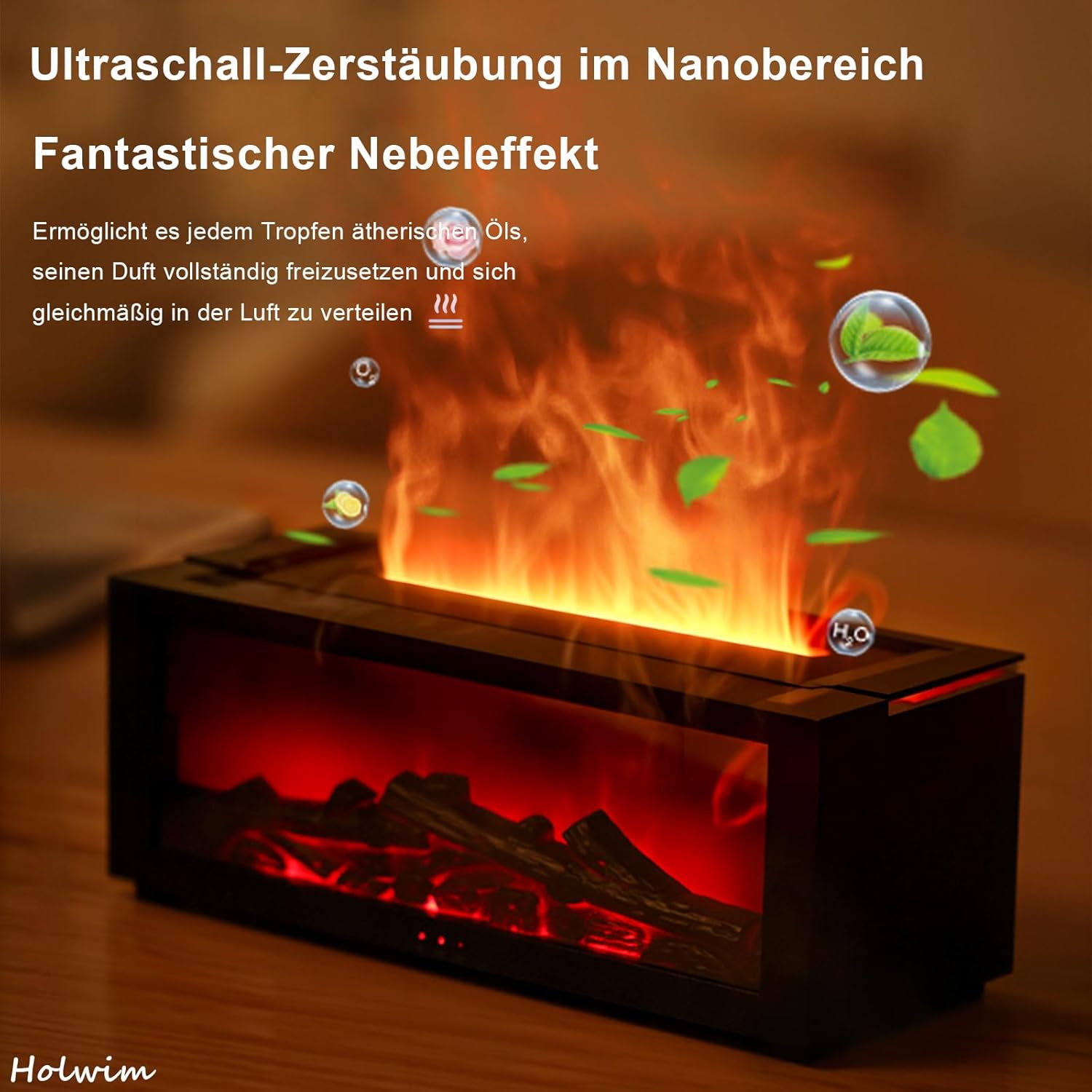 Aromadiffusor mit LED-Kamin, Duftöldiffusor für ätherische Öle mit 7-Farben-Lichtflammeneffekt, 150 ml Luftbefeuchter mit Fernbedienung, 4 Timer, wasserlose Abschaltautomatik (Schwarz) – Bild 2
