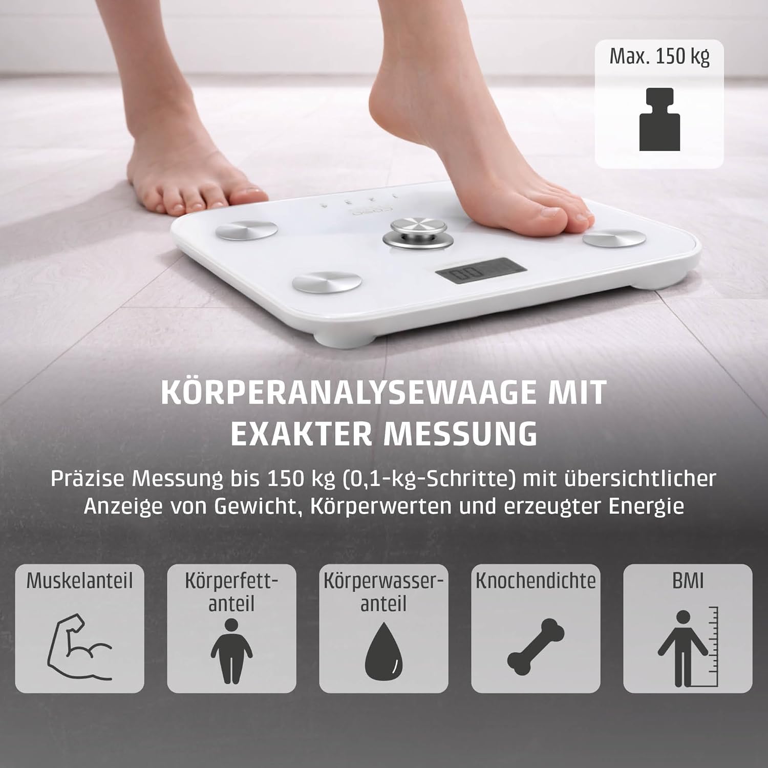 CASO BodyEnergy Fit – Personenwaage, batterieloser Einsatz, hohe Belastbarkeit bis 150 kg in 0,1-kg-Schritten, 4 speicherbare Profile, Körperanalysewaage (BIA) mit präziser Messung – Bild 4