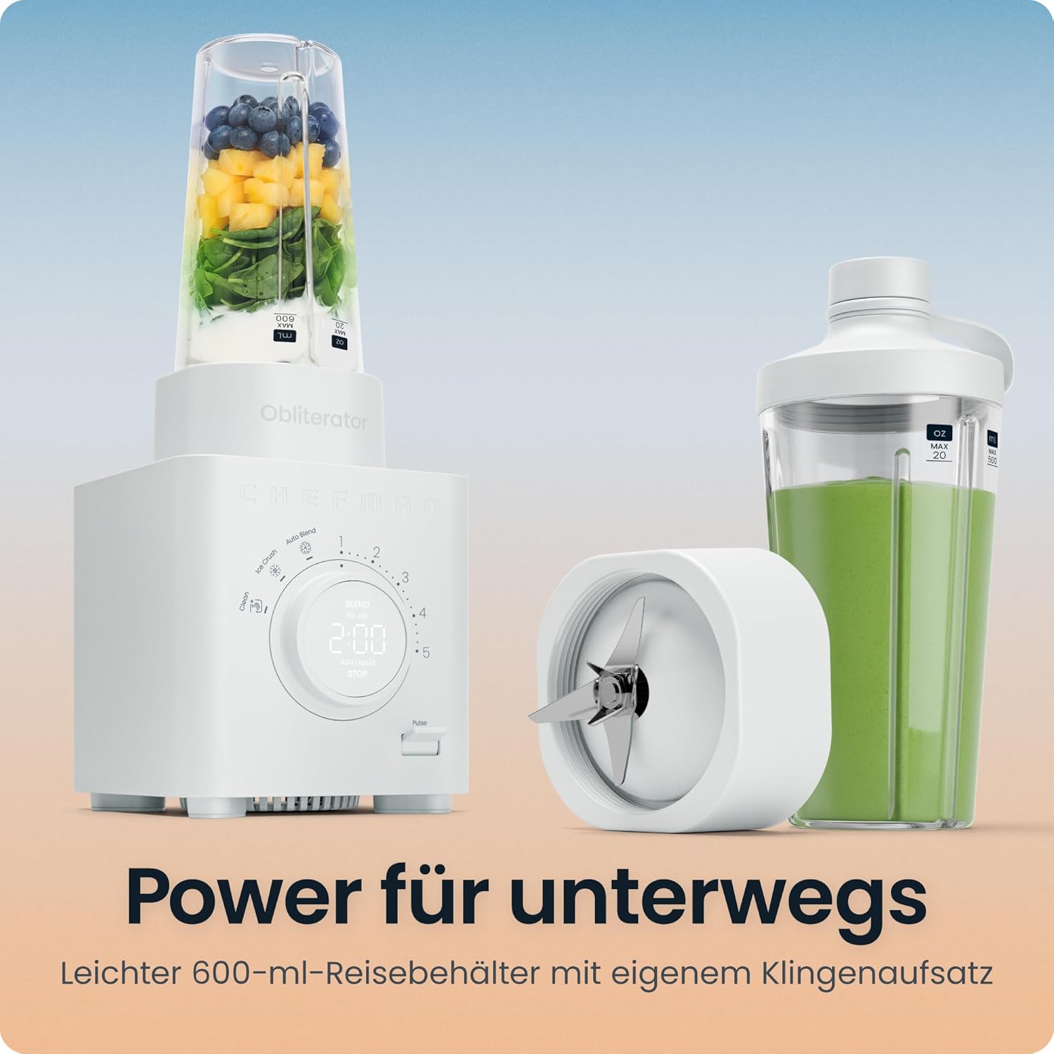 Chefman Obliterator 1,2-l-Mixer für Smoothies, 1350-W-Motor zum Zerkleinern von Eis, Nüssen und gefrorenen Früchten mit Edelstahlklinge, automatische Mischfunktion, inklusive 600-ml-Reisebehälter – Betongrau – Bild 8