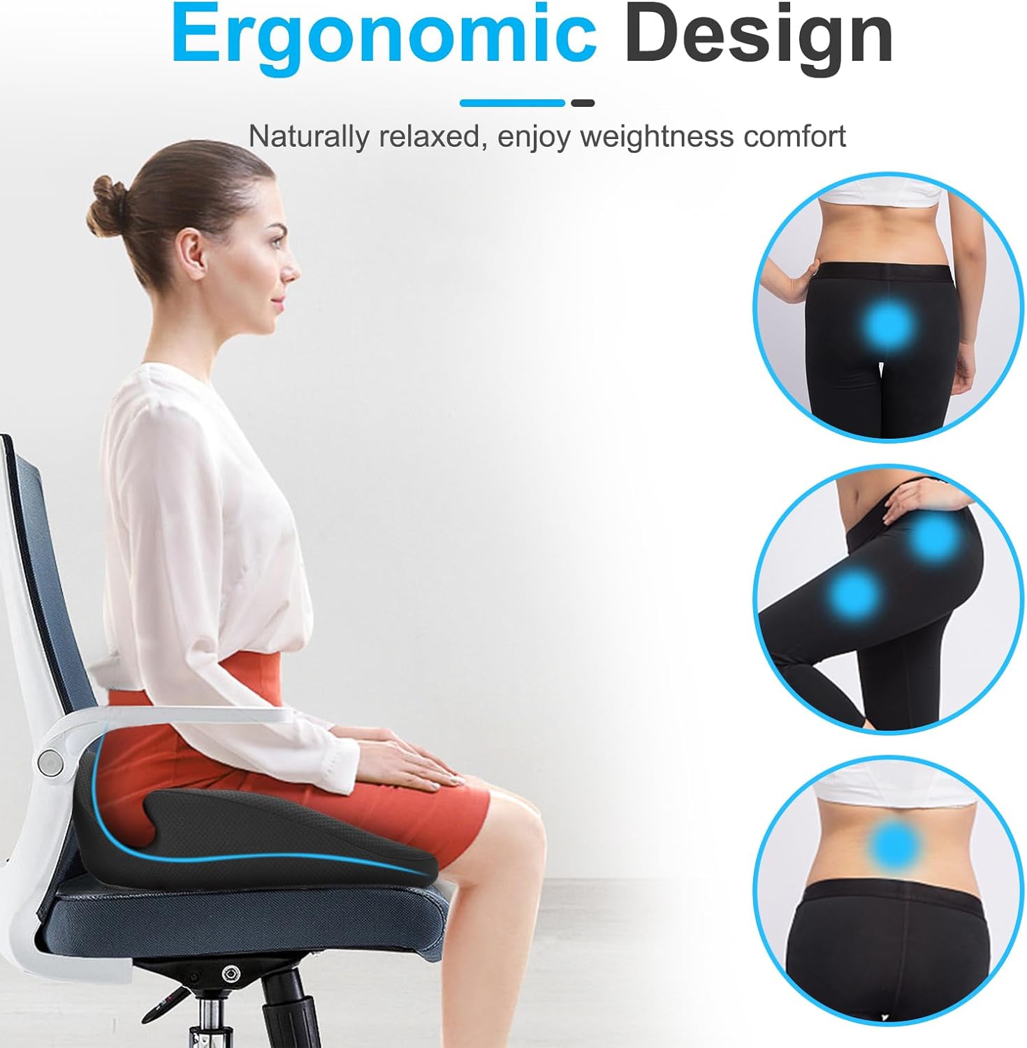Ergonomisches Sitzkissen für Bürostuhl, Memory-Schaum-Sitzkissen mit Druckentlastung und rutschfester Unterseite, ideal für Heimbüro, Büro und Gaming – Bild 4