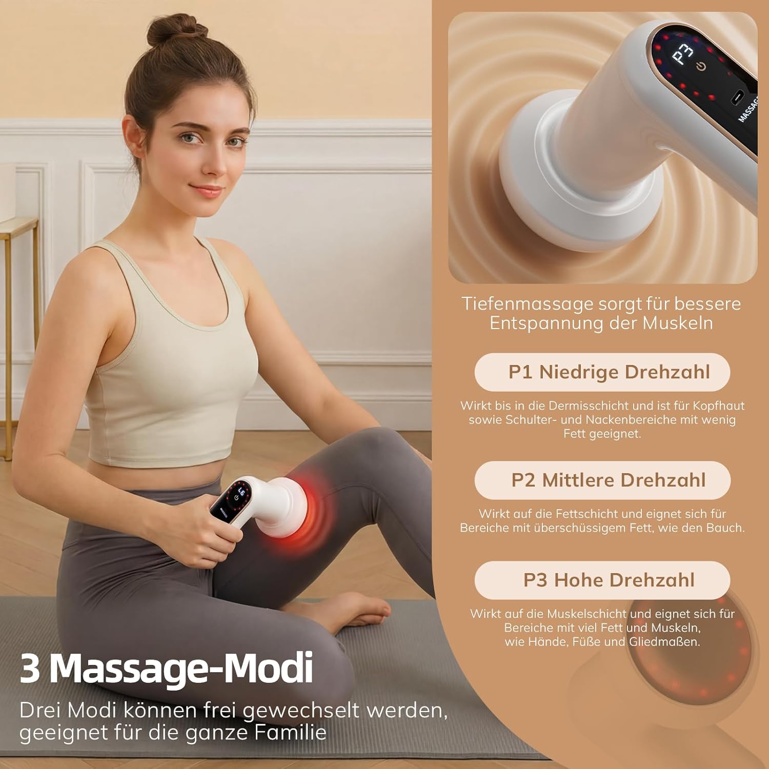 Anti-Cellulite-Massagegerät, elektrisches Lymphdrainagegerät, Handmassagegerät mit Heizung, 5 Massageköpfe, 6 Intensitätsstufen und 3 Modi für Hautstraffung, Durchblutung und Muskelentspannung – Bild 8