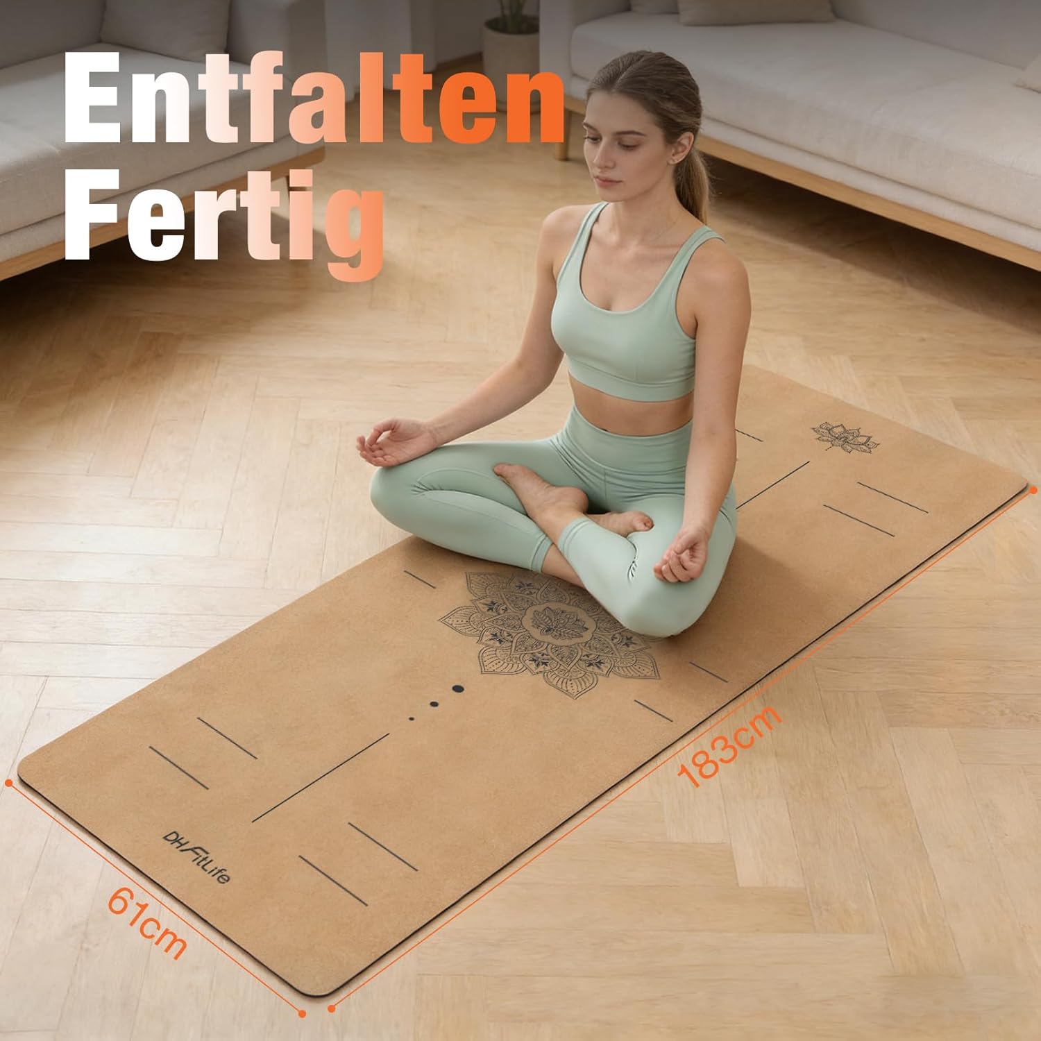 DH FitLife Kork-Yogamatte, rutschfest, aus Naturkautschuk | Gebrauchsfertig | Leicht zu reinigen | Hochwertige Sport-, Fitness- und Gymnastikmatte für Yoga, Pilates und Balance – Bild 6
