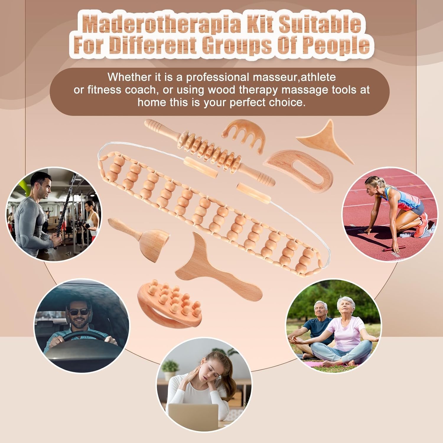 6-in-1-Massagewerkzeug-Set aus Holz, professionelles komplettes Maderoterapia-Massagegerät, Roller-Gua-Sha-Set-Kit, Faszienrolle, Körperformungswerkzeuge zur Körperformung, Linderung von Muskelschmerzen, Anti-Cellulite – Bild 6