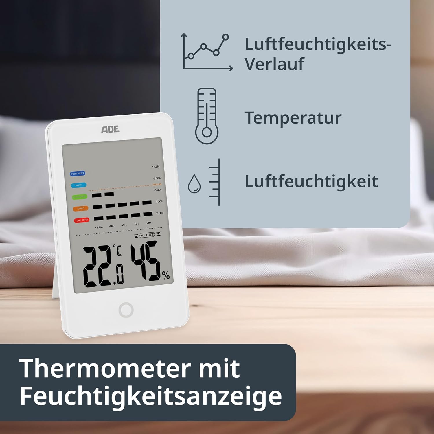 ADE Digitales Hygrometer für den Innenbereich mit Schimmelalarm | Feuchtigkeitsmesser mit Thermometer | Temperatur- und Luftfeuchtigkeitsmesser | Großes LCD-Display | Weiß – Bild 4