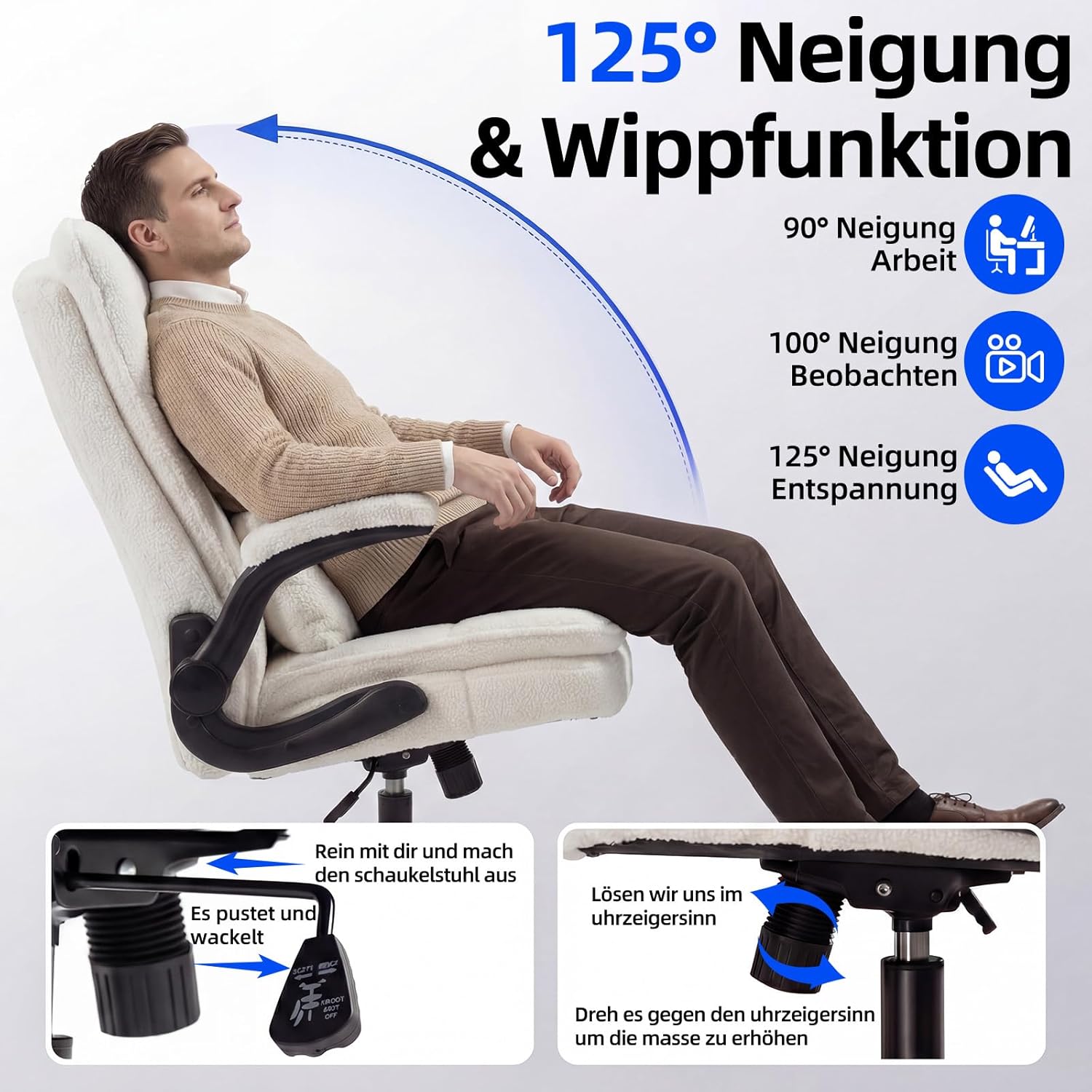 Ergonomischer Bürostuhl (Testsieger), Schreibtischstuhl, Teddystoff & hohe Rückenlehne, höhenverstellbar & Wippfunktion, Chefsessel, 150 kg, Drehstuhl mit Rollen, PC-Stuhl, Beige – Bild 7