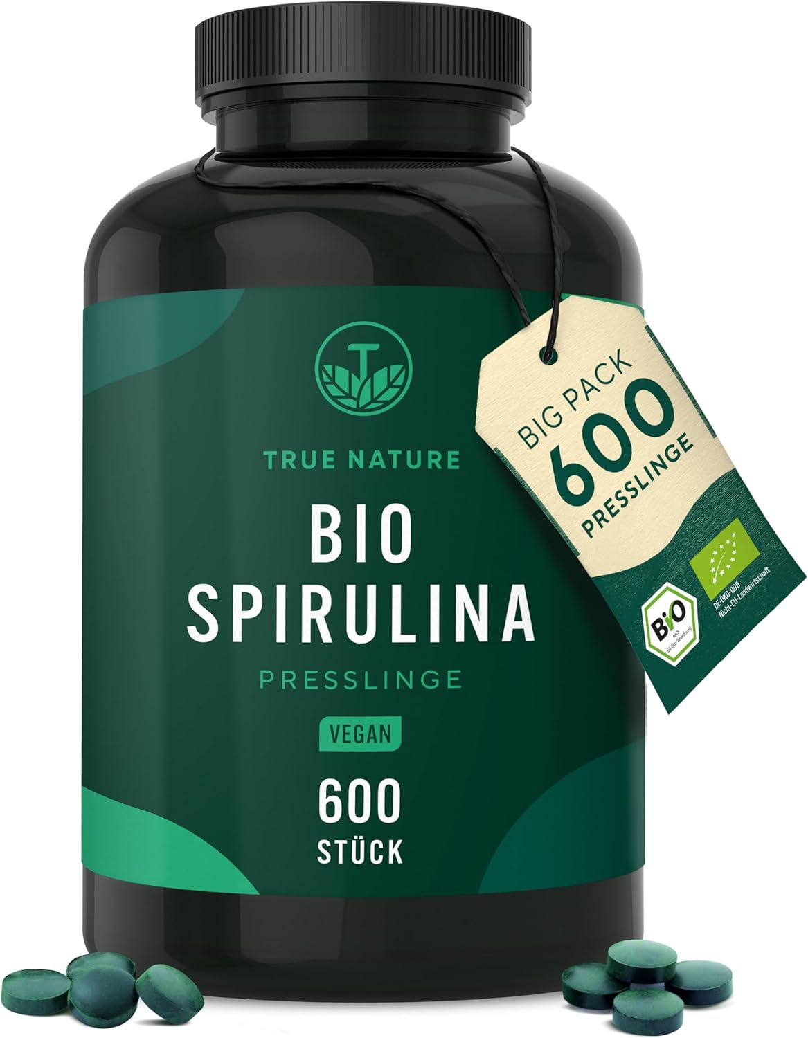 True Nature® Premium Bio-Spirulina-Pellets (500 mg x 600 Stück) – 100 % reine Bio-Spirulina-Algen – vegan, mehrfach im Labor getestet und hergestellt in Deutschland