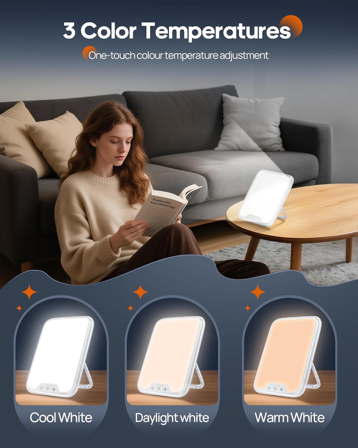 AJVV Tageslichtlampe, 10000 Lux Lichttherapielampe gegen Depressionen, Sonnenlichtlampe mit 3 Farbtemperaturen, kontinuierliche Helligkeit, 4 Timer-Einstellungen, LED-Technologie, Sonnenlichtlampe für gute Laune – Bild 2