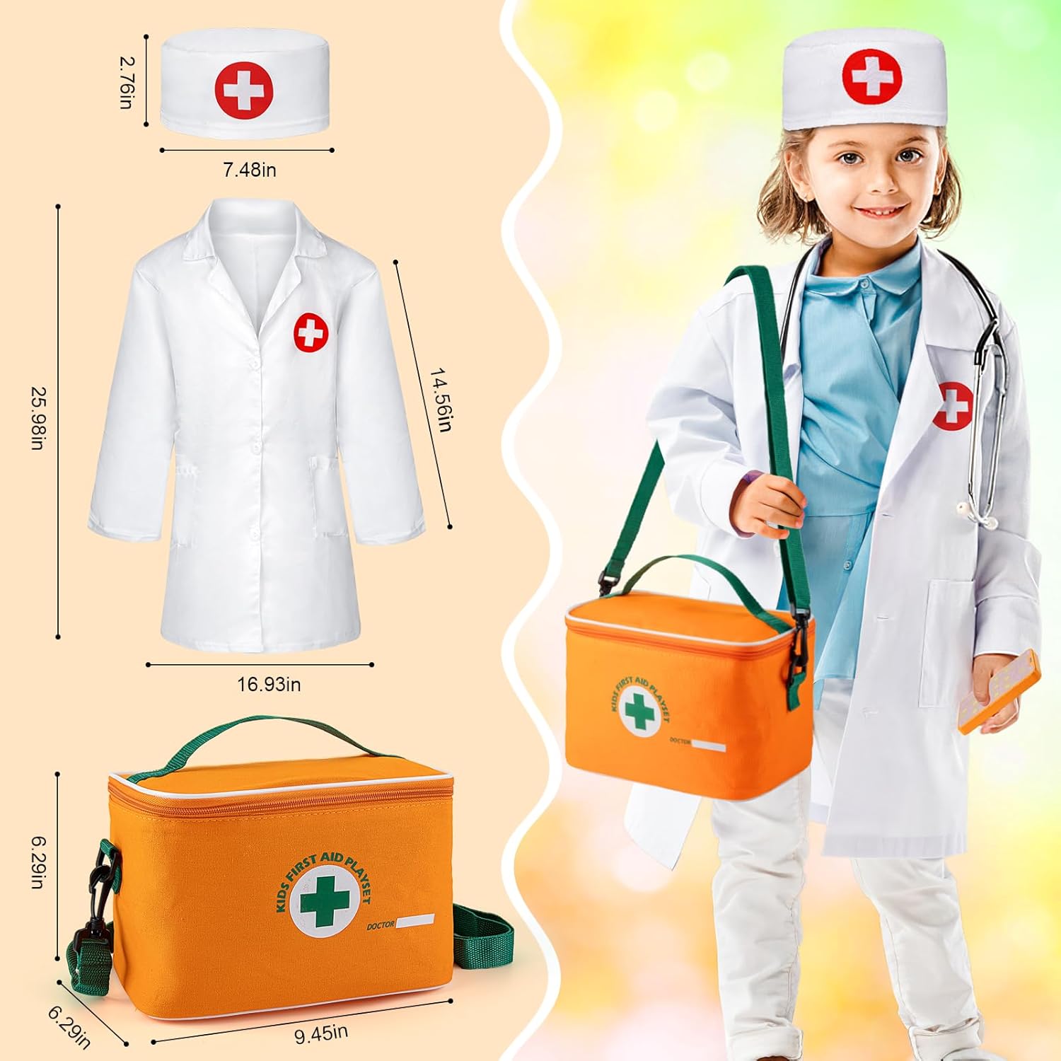 EFO SHM Kinder-Arztkoffer aus Holz, 34-teiliger Arztkoffer, Kinder mit Stethoskop, Spritze, Thermometer, tragbare Arzttasche, Rollenspiel, Kinderarztspiele Spielzeug ab 3 Jahren – Bild 3