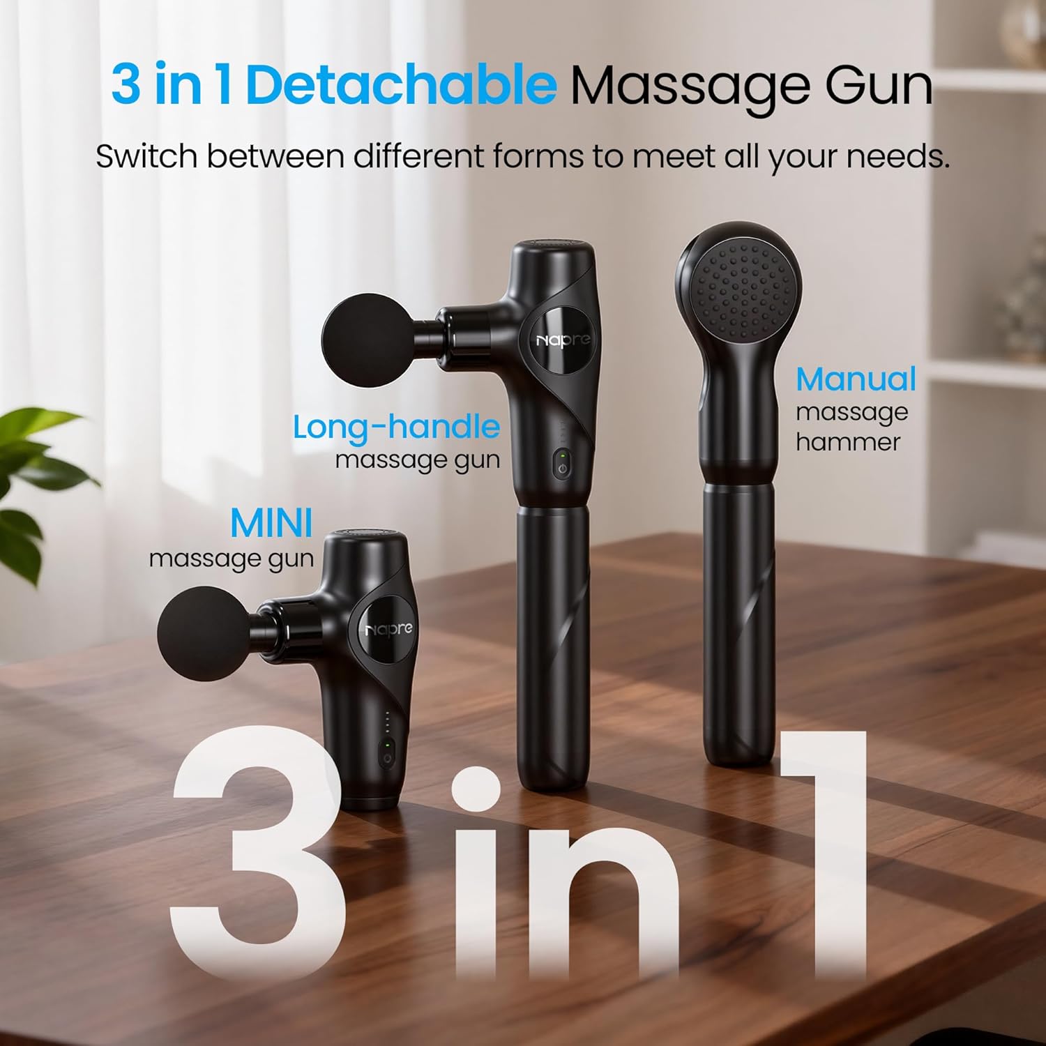 Massagepistole,NAPRE 3-in-1 Mini Massage Gun Massage Pistole mit Abnehmbar Verlängerung,Muskel Percussion Massagegerät für Rücken Nacken Körper,Ultra-Leise & Klein,5 Köpfe & Koffer – Bild 2