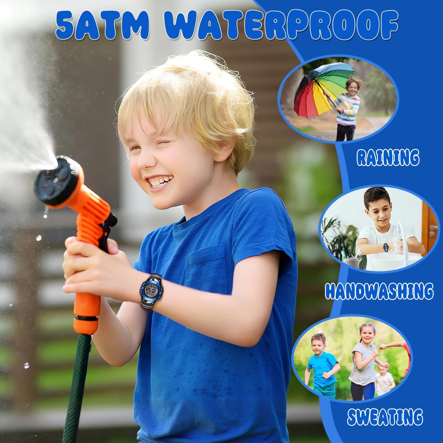 caprock Kinderuhr Jungen Mädchen, Kinderuhr mit Alarm/Timer/Zeitanzeige/Datumsanzeige/5 ATM wasserdicht, Digitaluhr, Kinder Outdooruhr für Kinder 3-12 Jahre – Bild 5