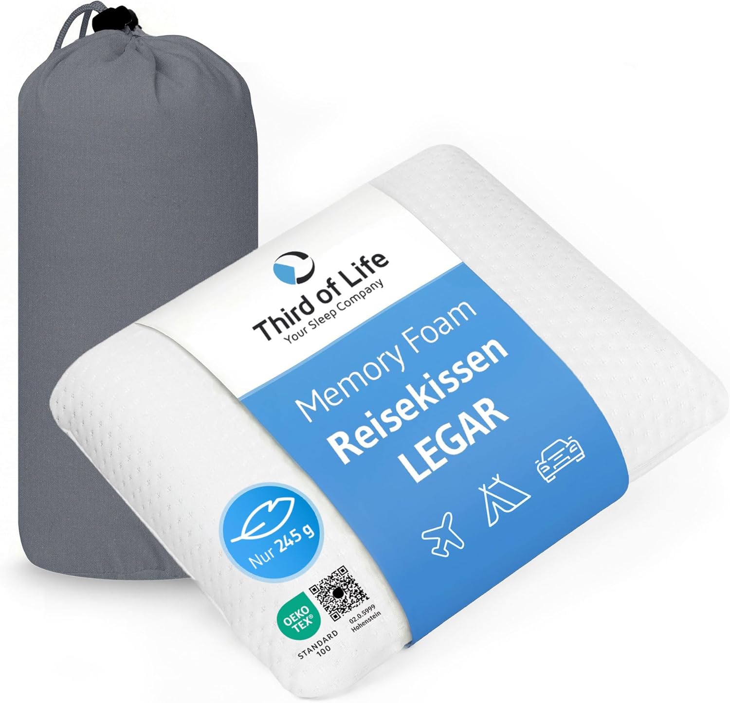 Third of Life Reisekissen aus Memory Foam, kleines Kissen für Flugzeug, Auto, Camping, ergonomisches Nackenkissen, Legar mit Tasche, Reisekissen für Allergiker geeignet, Reisekissen 25 x 30 x